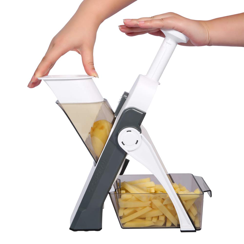 ONCE FOR ALL Safe Mandoline Slicer, Multi Vegetable Chopper, Potato Slicer for Kitchen, 4 Modes 100+ Presets Adjustable Thickness, French Fry Cutter (5 in 1 Green)