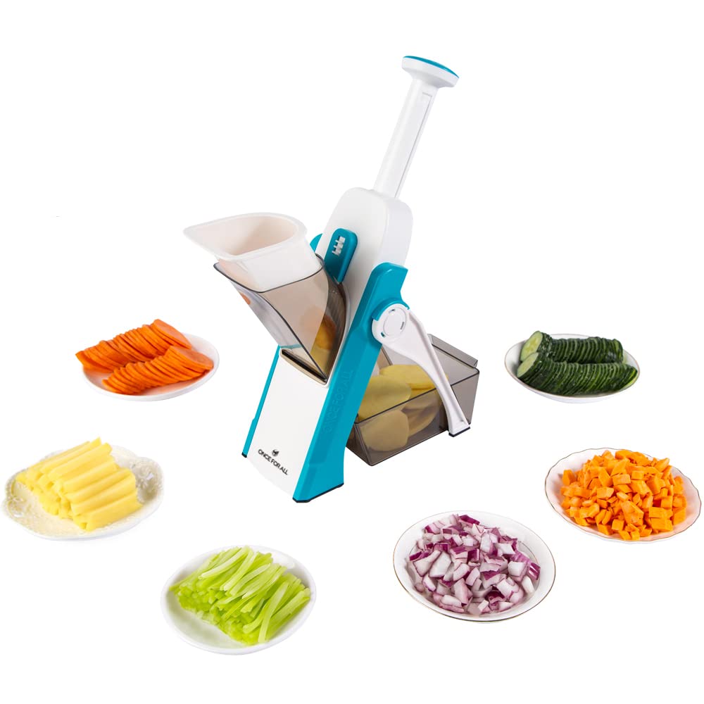 ONCE FOR ALL Safe Mandoline Slicer, Multi Vegetable Chopper, Potato Slicer for Kitchen, 4 Modes 100+ Presets Adjustable Thickness, French Fry Cutter (5 in 1 Green)