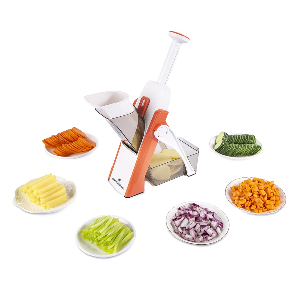 ONCE FOR ALL Safe Mandoline Slicer, Multi Vegetable Chopper, Potato Slicer for Kitchen, 4 Modes 100+ Presets Adjustable Thickness, French Fry Cutter (5 in 1 Green)