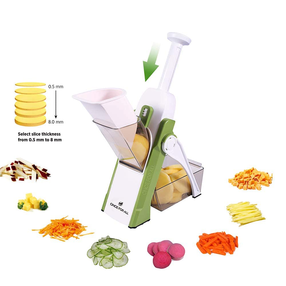 ONCE FOR ALL Safe Mandoline Slicer, Multi Vegetable Chopper, Potato Slicer for Kitchen, 4 Modes 100+ Presets Adjustable Thickness, French Fry Cutter (5 in 1 Green)