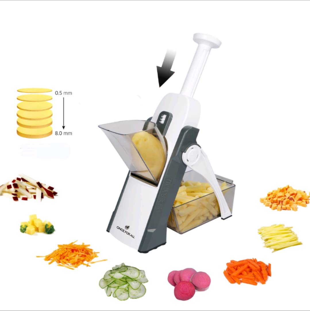 ONCE FOR ALL Safe Mandoline Slicer, Multi Vegetable Chopper, Potato Slicer for Kitchen, 4 Modes 100+ Presets Adjustable Thickness, French Fry Cutter (5 in 1 Green)