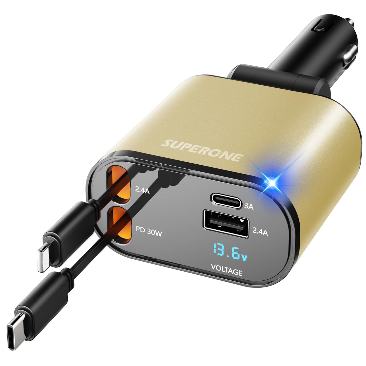 【Upgraded】 SUPERONE Retractable Car Charger 4 in 1, Fast Car Phone Charger with Cord 2.6ft, USB C and Apple Car Charger Adapter, Compatible with iPhone 15/15 Pro Max/14/13/12/11, Galaxy, Pixel