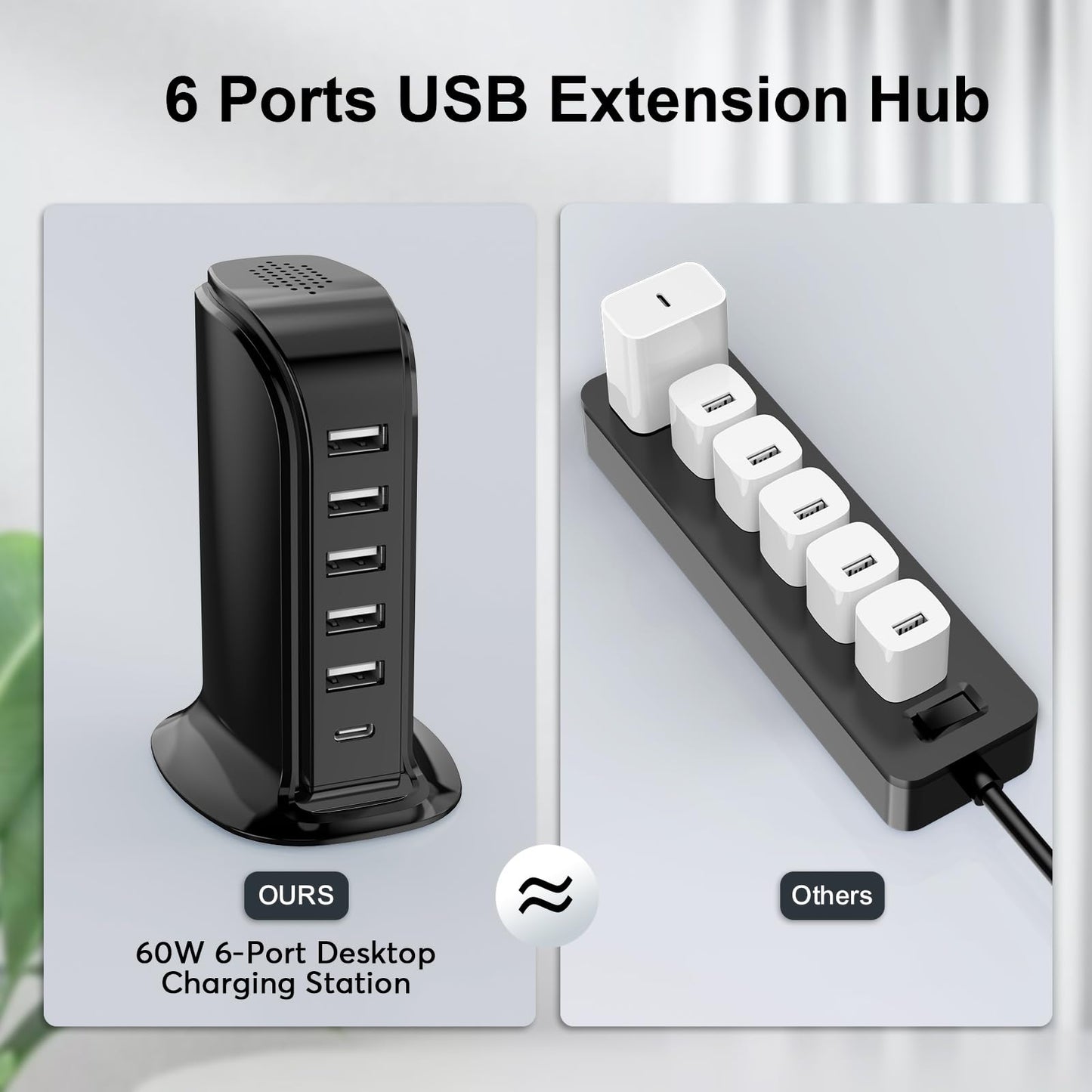 USB Charging Station Upoy, 6 Ports Charging Blocks, USB Power Hub with C Port, Charging Dock for Electronics Organizer, Multi Charger 40W, Compatible with Kindle, iPhone, Ipad, Airpods, Tech Gadgets