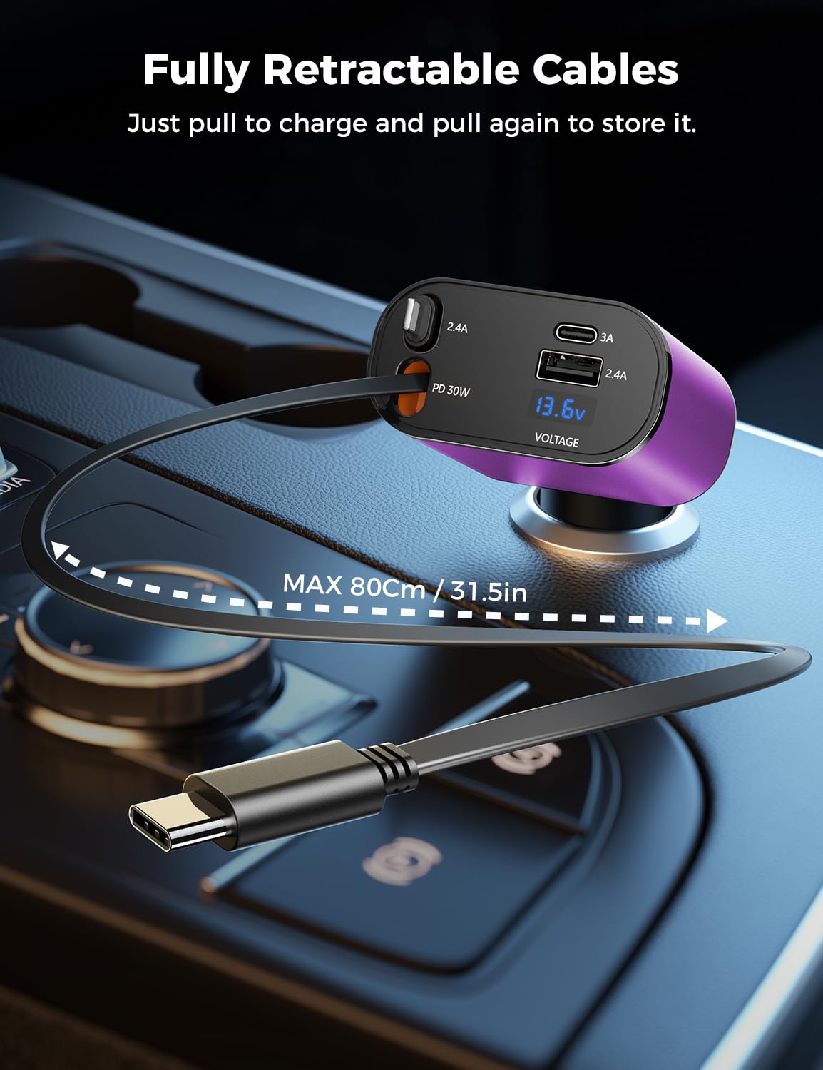 【Upgraded】 SUPERONE Retractable Car Charger 4 in 1, Fast Car Phone Charger with Cord 2.6ft, USB C and Apple Car Charger Adapter, Compatible with iPhone 15/15 Pro Max/14/13/12/11, Galaxy, Pixel