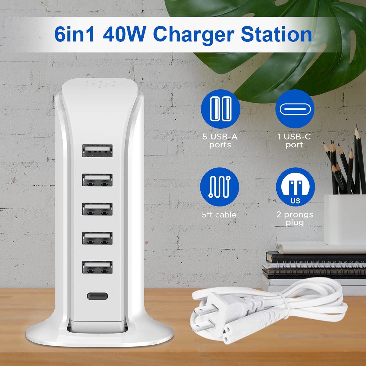 USB Charging Station Upoy, 6 Ports Charging Blocks, USB Power Hub with C Port, Charging Dock for Electronics Organizer, Multi Charger 40W, Compatible with Kindle, iPhone, Ipad, Airpods, Tech Gadgets