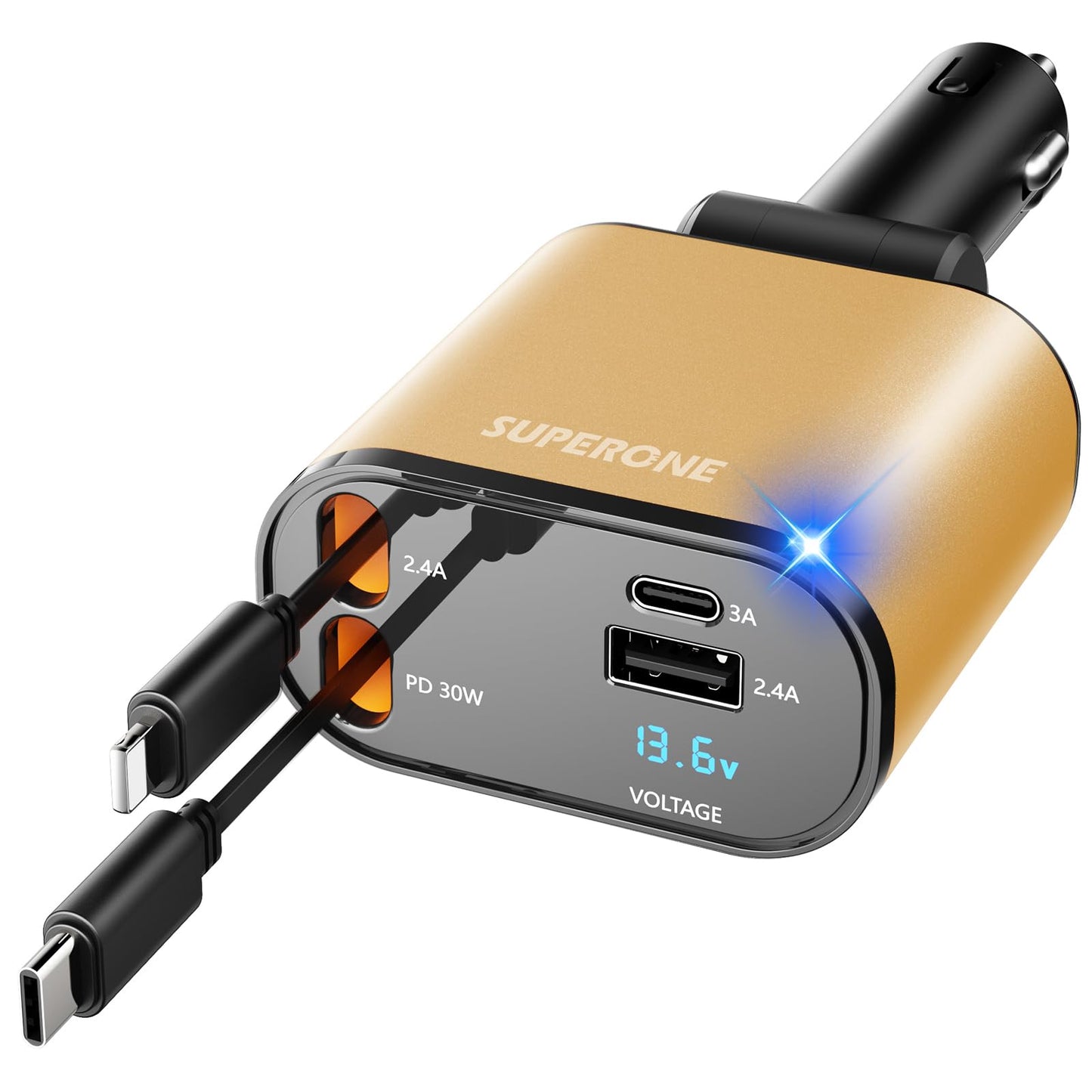 【Upgraded】 SUPERONE Retractable Car Charger 4 in 1, Fast Car Phone Charger with Cord 2.6ft, USB C and Apple Car Charger Adapter, Compatible with iPhone 15/15 Pro Max/14/13/12/11, Galaxy, Pixel