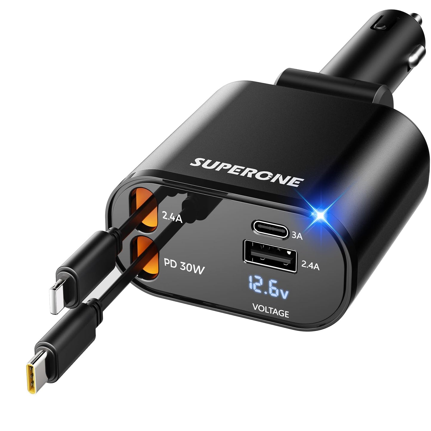 【Upgraded】 SUPERONE Retractable Car Charger 4 in 1, Fast Car Phone Charger with Cord 2.6ft, USB C and Apple Car Charger Adapter, Compatible with iPhone 15/15 Pro Max/14/13/12/11, Galaxy, Pixel