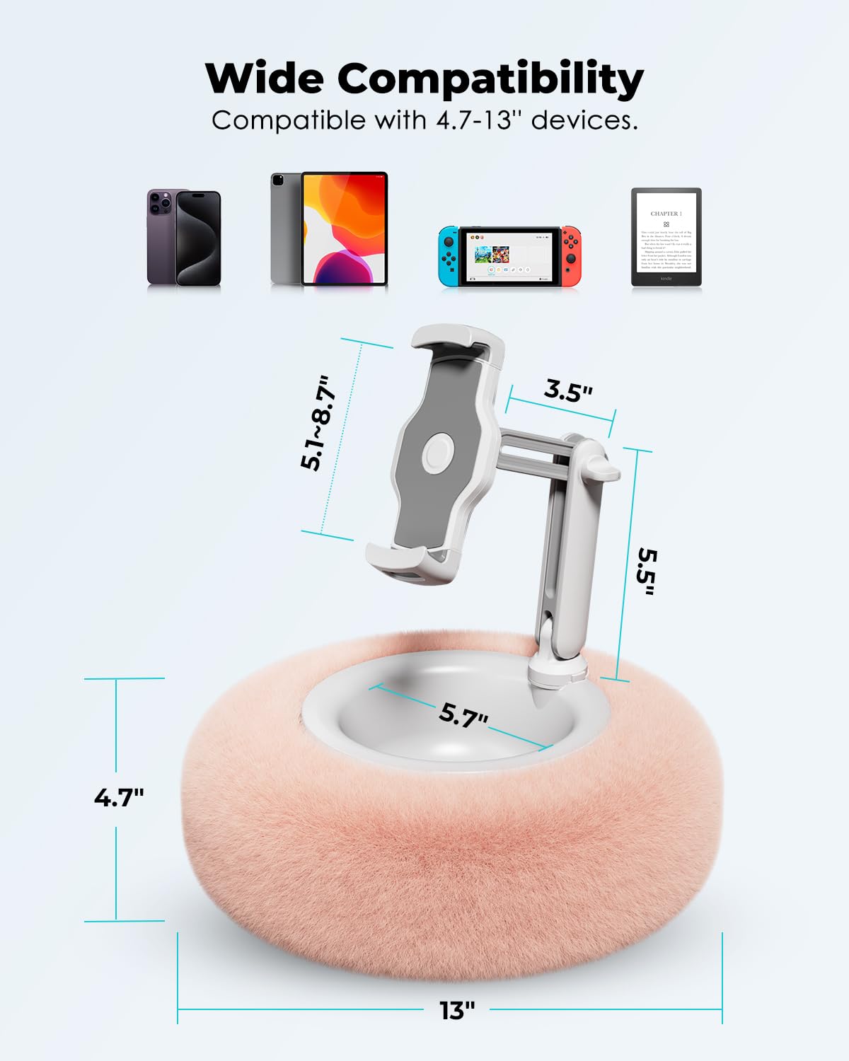 Tablet Stand Pillow, Compatible with 4.7"-13" Phone/Tablet, 360°Adjustable Phone Holder for Bed with Soft Plush, and Detachable Bowl