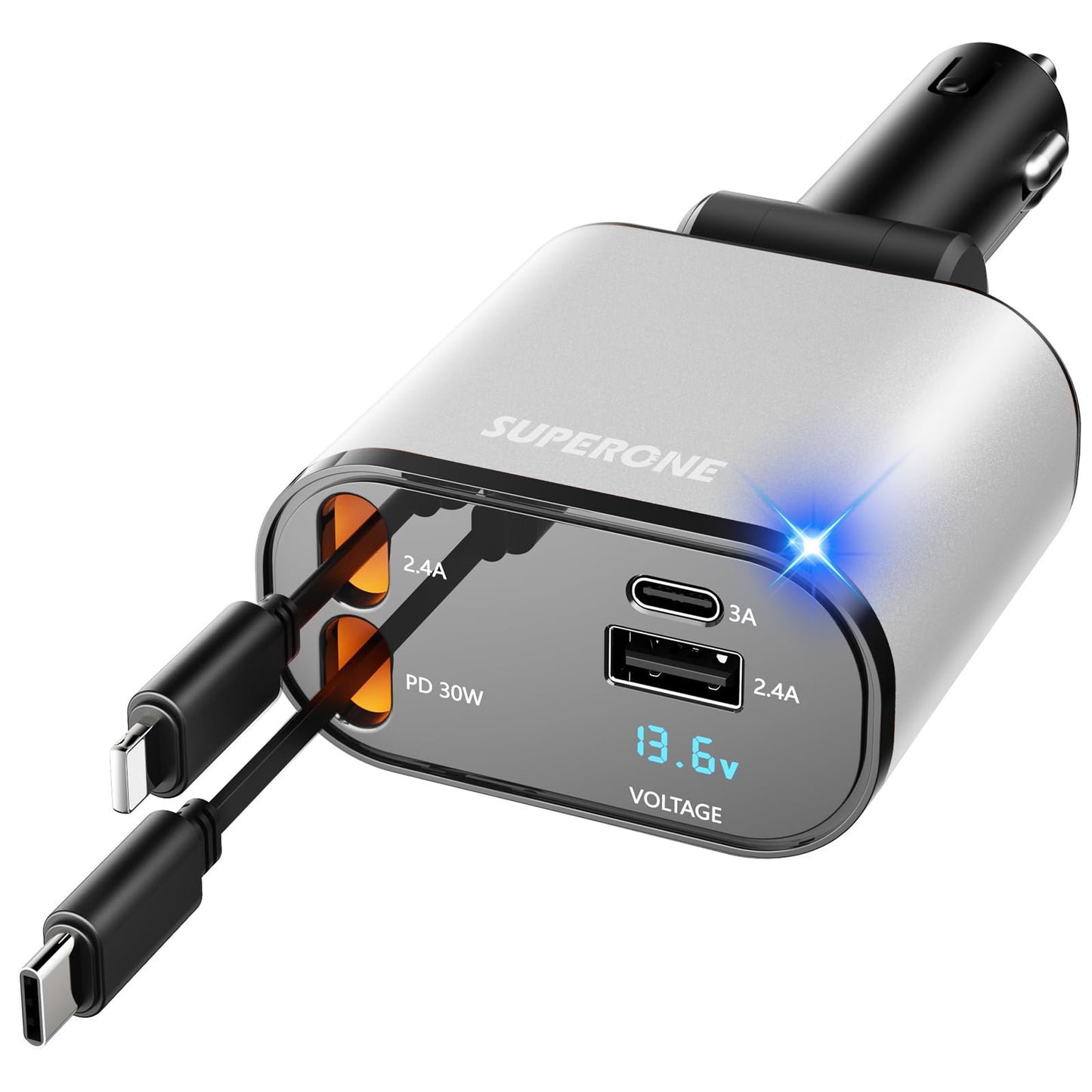 【Upgraded】 SUPERONE Retractable Car Charger 4 in 1, Fast Car Phone Charger with Cord 2.6ft, USB C and Apple Car Charger Adapter, Compatible with iPhone 15/15 Pro Max/14/13/12/11, Galaxy, Pixel