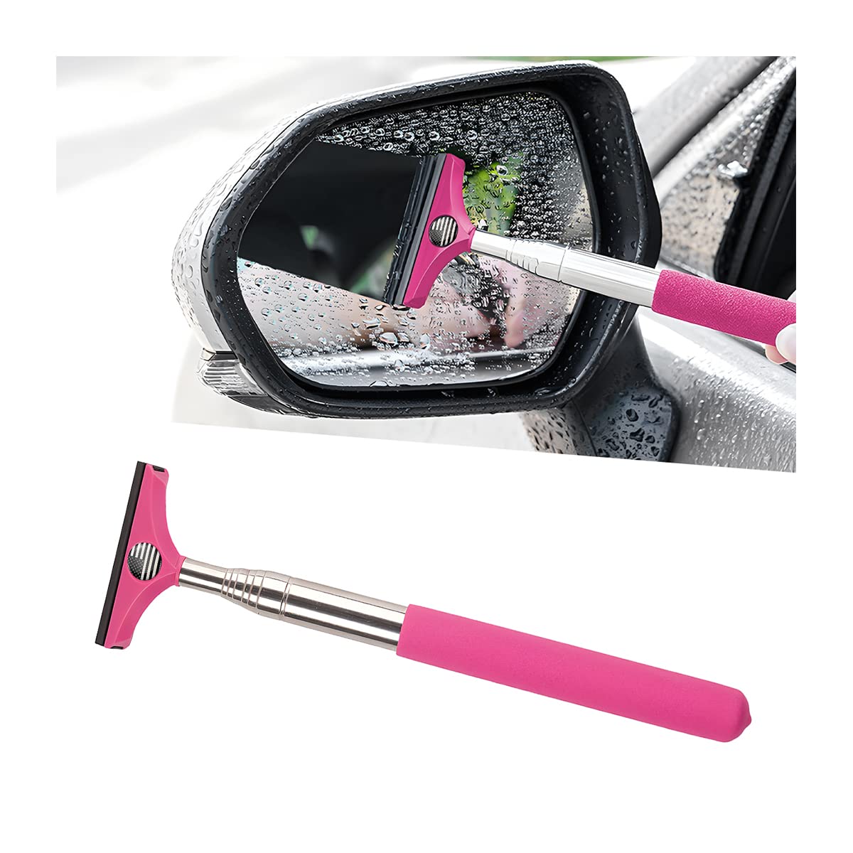 Car Rearview Mirror Wiper, Auto Mirror Squeegee Cleaner, Glass Mist Cleaning Tool with Retractable 98cm Handle