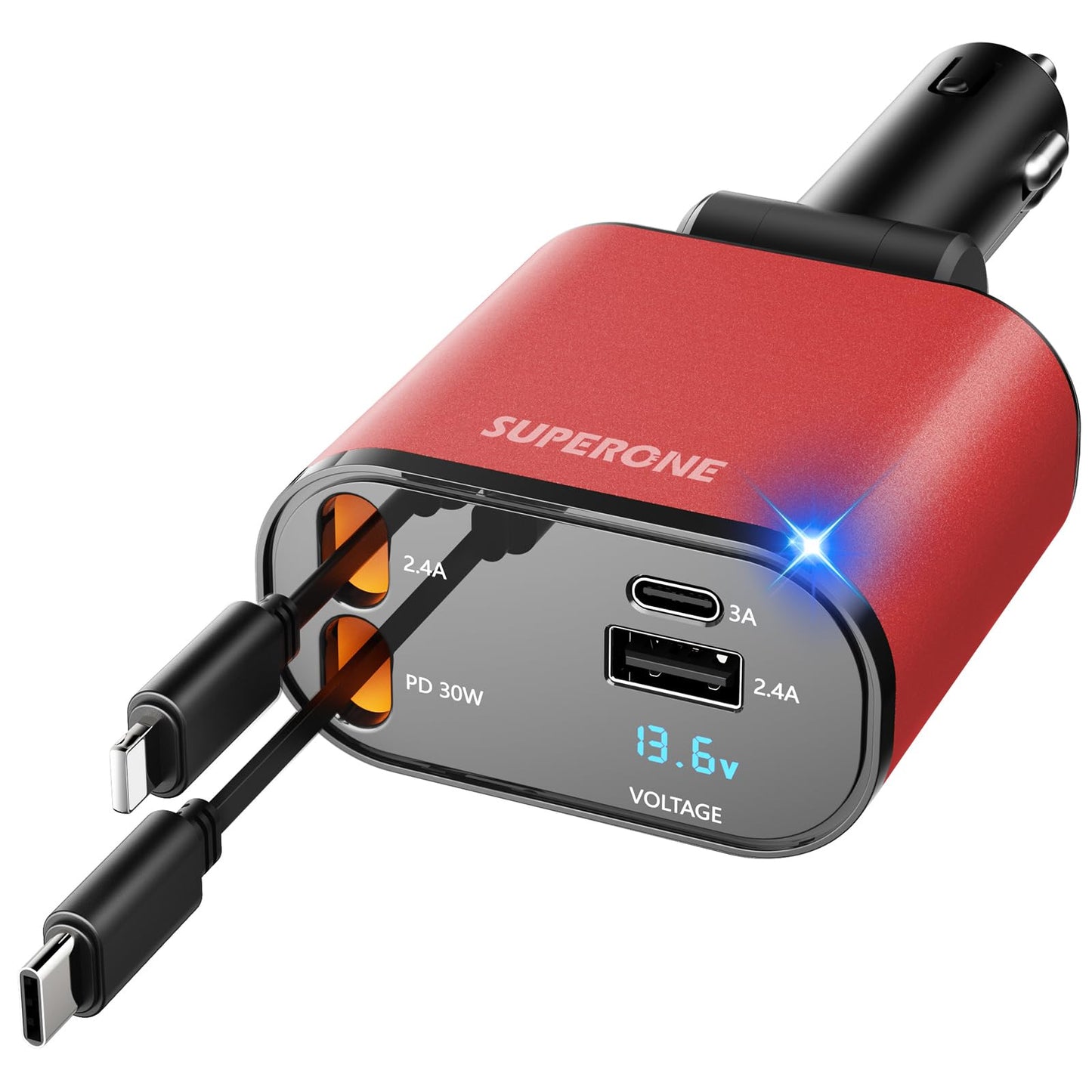 【Upgraded】 SUPERONE Retractable Car Charger 4 in 1, Fast Car Phone Charger with Cord 2.6ft, USB C and Apple Car Charger Adapter, Compatible with iPhone 15/15 Pro Max/14/13/12/11, Galaxy, Pixel