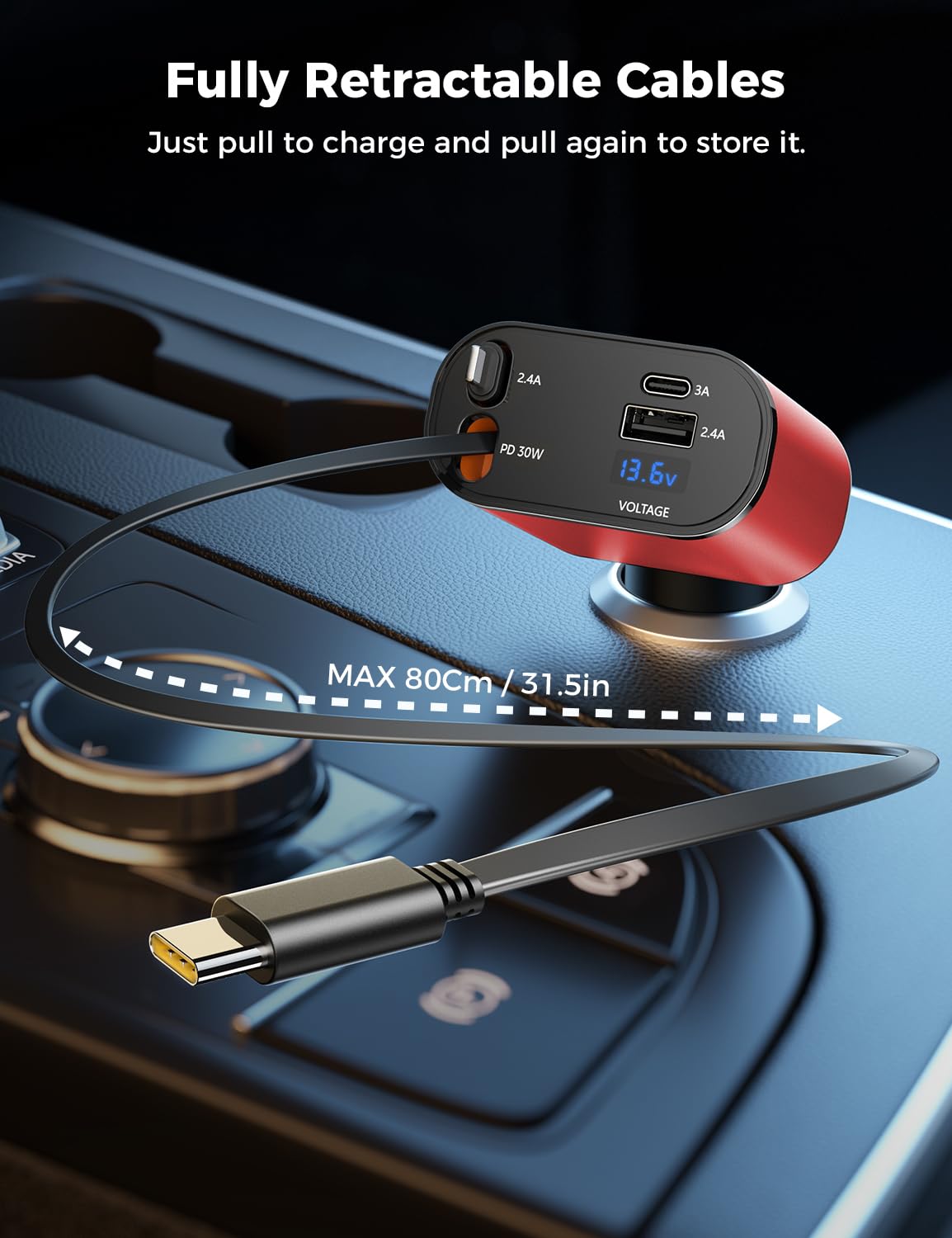 【Upgraded】 SUPERONE Retractable Car Charger 4 in 1, Fast Car Phone Charger with Cord 2.6ft, USB C and Apple Car Charger Adapter, Compatible with iPhone 15/15 Pro Max/14/13/12/11, Galaxy, Pixel