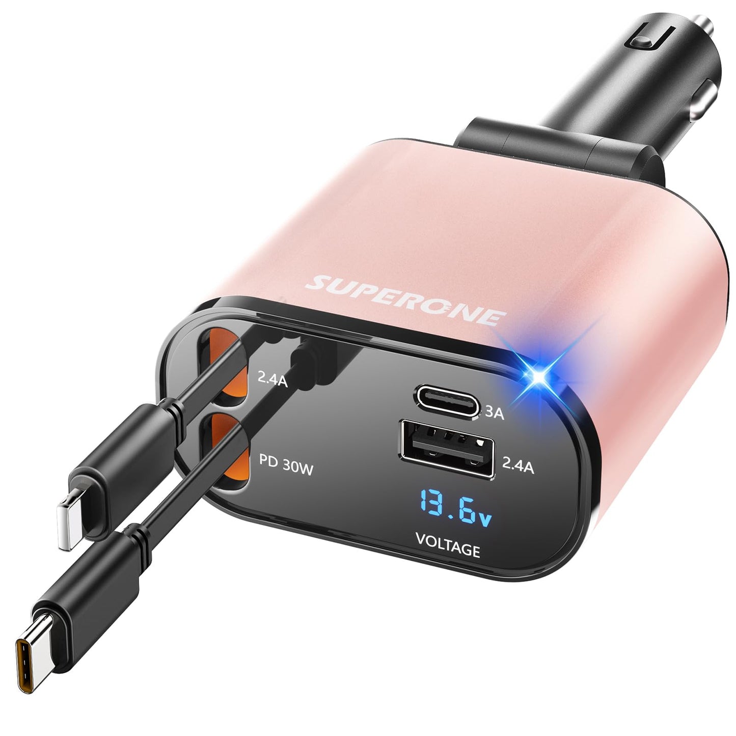 【Upgraded】 SUPERONE Retractable Car Charger 4 in 1, Fast Car Phone Charger with Cord 2.6ft, USB C and Apple Car Charger Adapter, Compatible with iPhone 15/15 Pro Max/14/13/12/11, Galaxy, Pixel