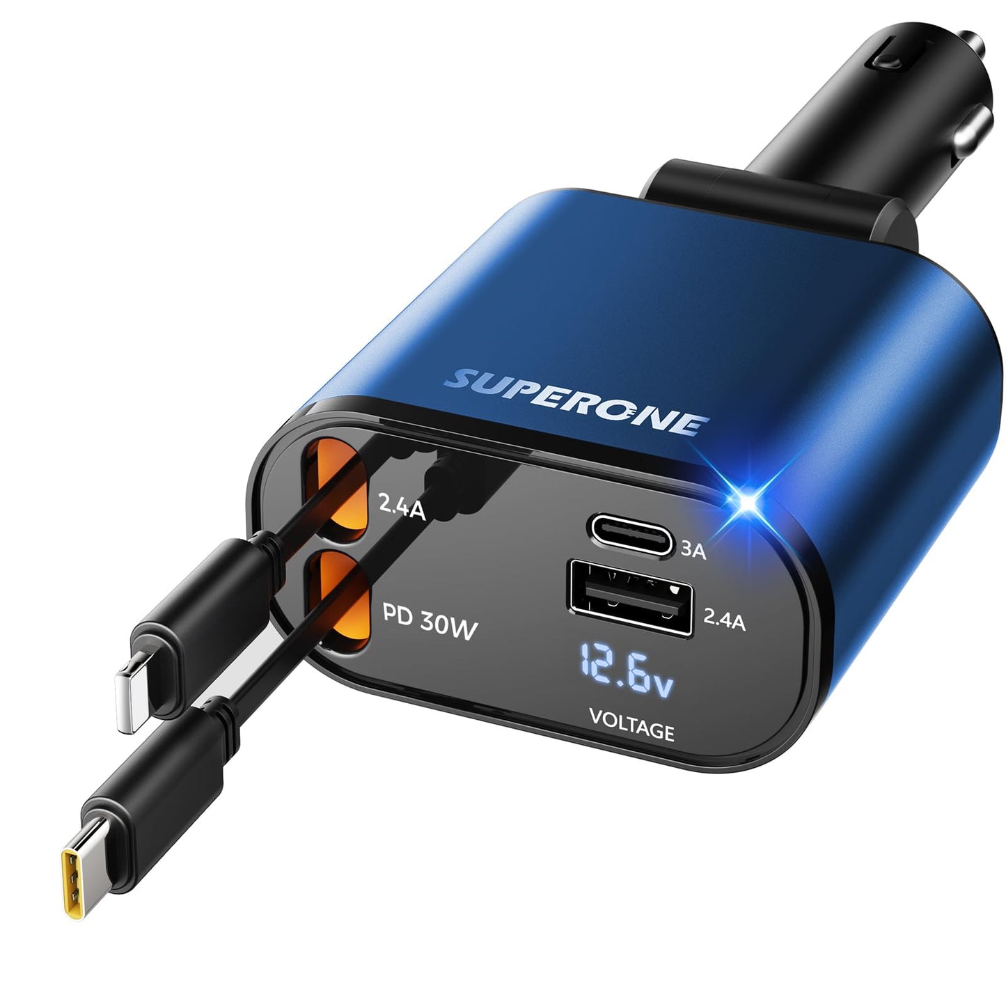 【Upgraded】 SUPERONE Retractable Car Charger 4 in 1, Fast Car Phone Charger with Cord 2.6ft, USB C and Apple Car Charger Adapter, Compatible with iPhone 15/15 Pro Max/14/13/12/11, Galaxy, Pixel