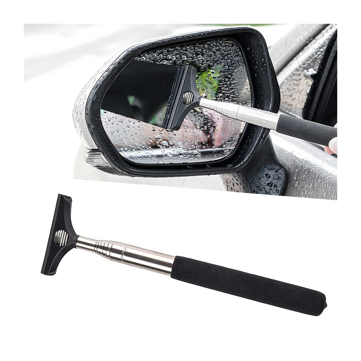 Car Rearview Mirror Wiper, Auto Mirror Squeegee Cleaner, Glass Mist Cleaning Tool with Retractable 98cm Handle