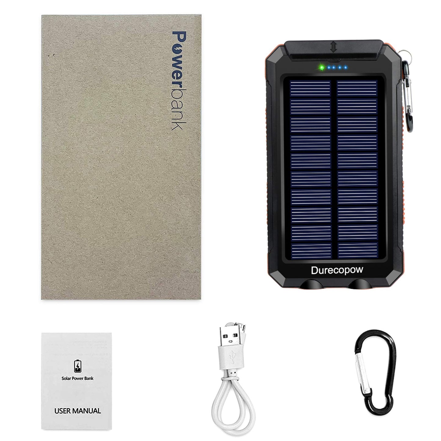 Solar Charger, 20000mAh Portable Outdoor Waterproof Solar Power Bank, Camping External Backup Battery Pack Dual 5V USB Ports Output, 2 Led Light Flashlight with Compass (Black)