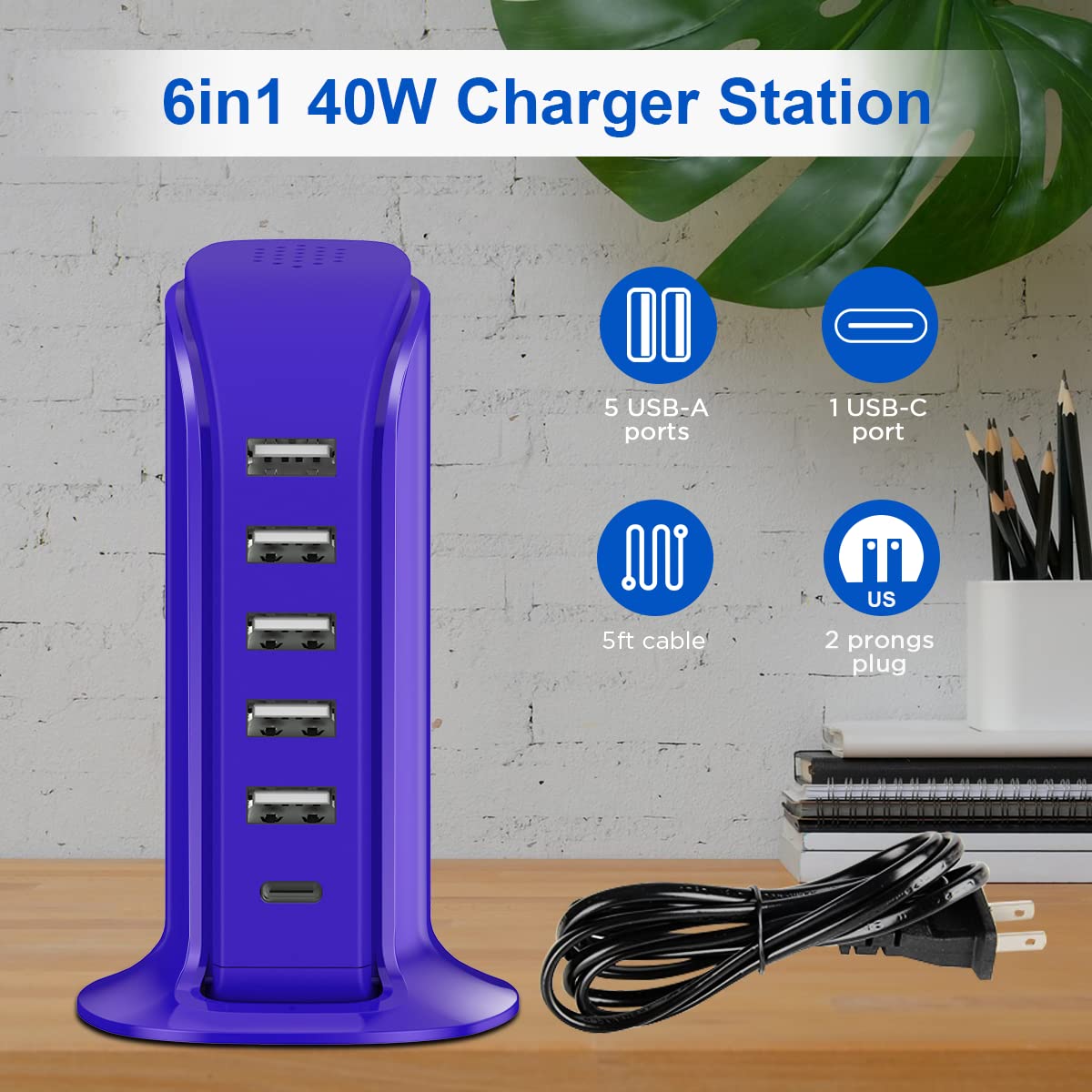 USB Charging Station Upoy, 6 Ports Charging Blocks, USB Power Hub with C Port, Charging Dock for Electronics Organizer, Multi Charger 40W, Compatible with Kindle, iPhone, Ipad, Airpods, Tech Gadgets