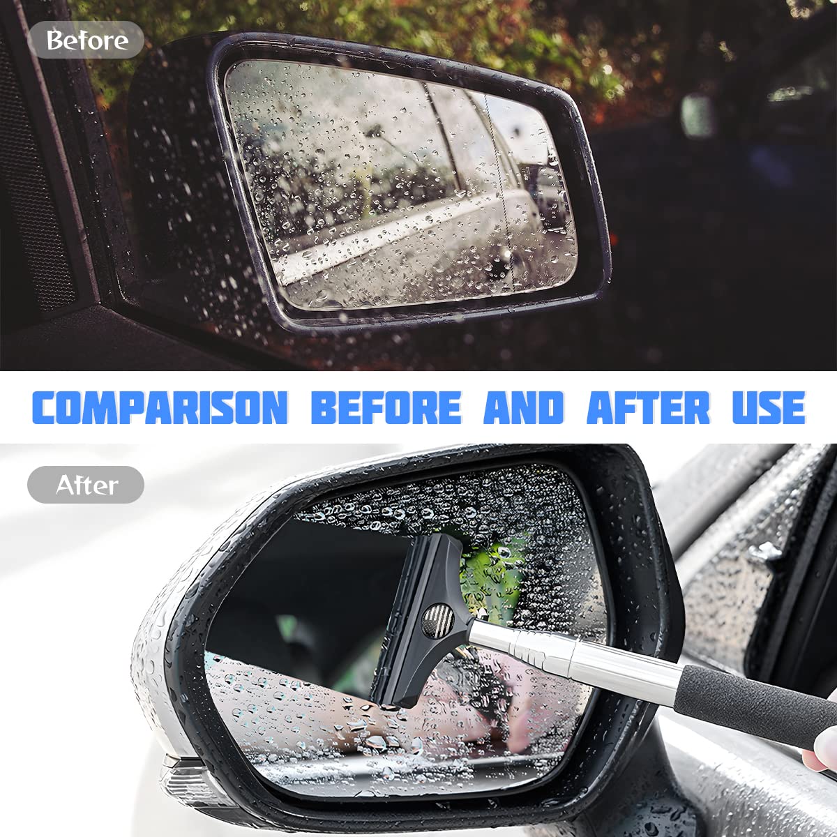 Car Rearview Mirror Wiper, Auto Mirror Squeegee Cleaner, Glass Mist Cleaning Tool with Retractable 98cm Handle