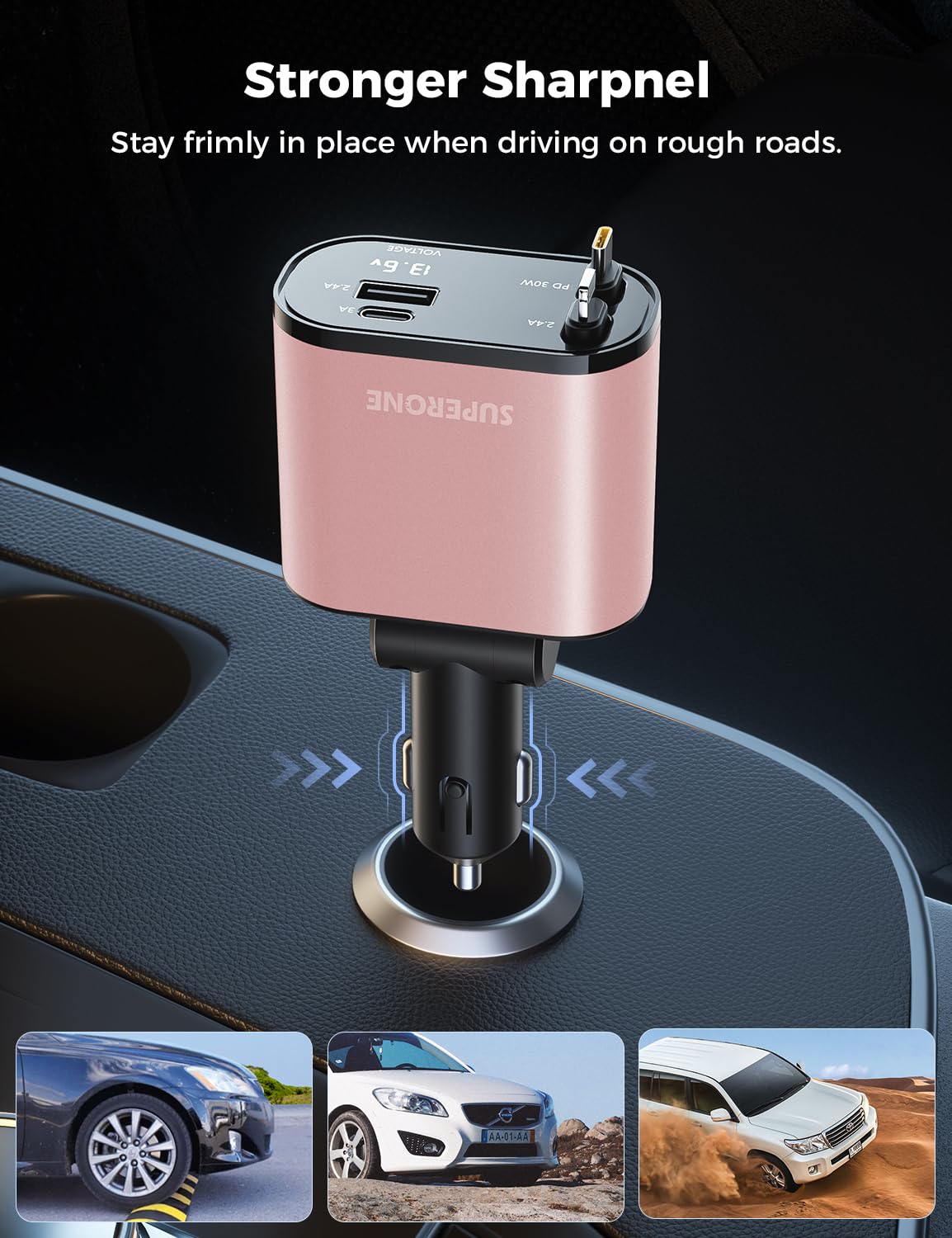 【Upgraded】 SUPERONE Retractable Car Charger 4 in 1, Fast Car Phone Charger with Cord 2.6ft, USB C and Apple Car Charger Adapter, Compatible with iPhone 15/15 Pro Max/14/13/12/11, Galaxy, Pixel