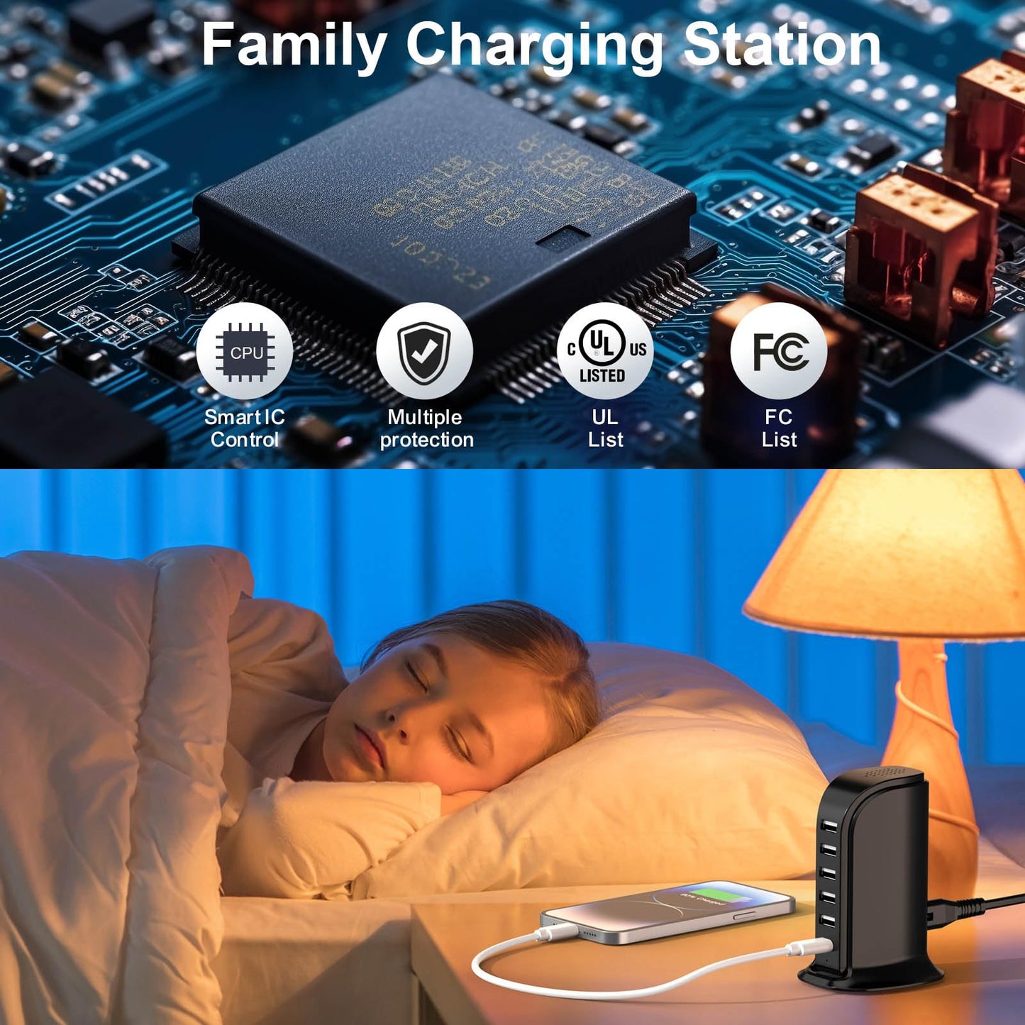 USB Charging Station Upoy, 6 Ports Charging Blocks, USB Power Hub with C Port, Charging Dock for Electronics Organizer, Multi Charger 40W, Compatible with Kindle, iPhone, Ipad, Airpods, Tech Gadgets