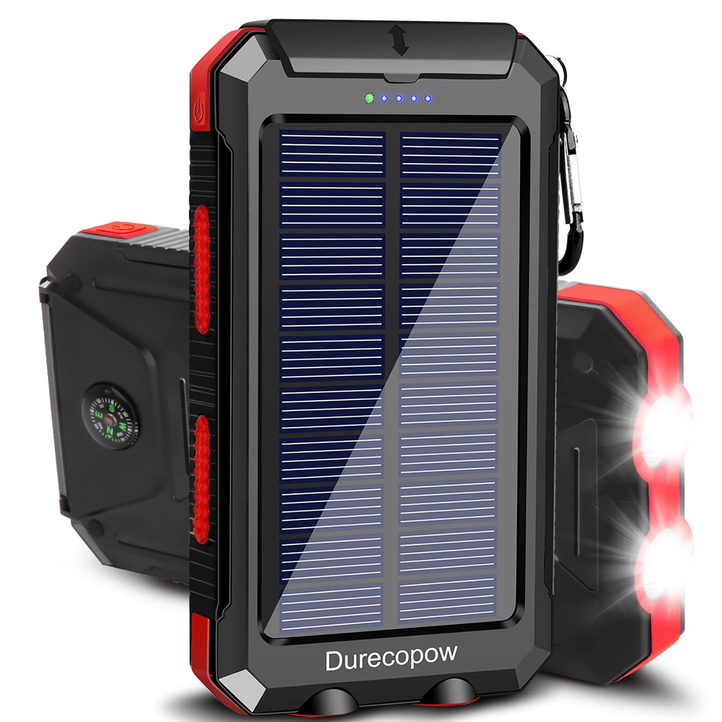 Solar Charger, 20000mAh Portable Outdoor Waterproof Solar Power Bank, Camping External Backup Battery Pack Dual 5V USB Ports Output, 2 Led Light Flashlight with Compass (Black)