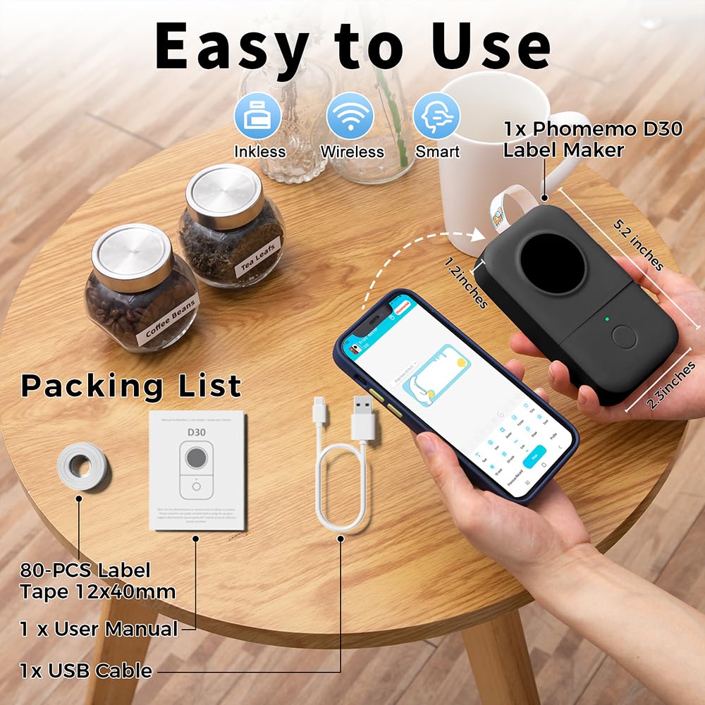 Phomemo D30 Label Maker Machine, Portable Bluetooth Mini Label Printer, Smart Phone Handheld Thermal Sticker Small Labeler Multiple Templates Font Icon Inkless for Home Office