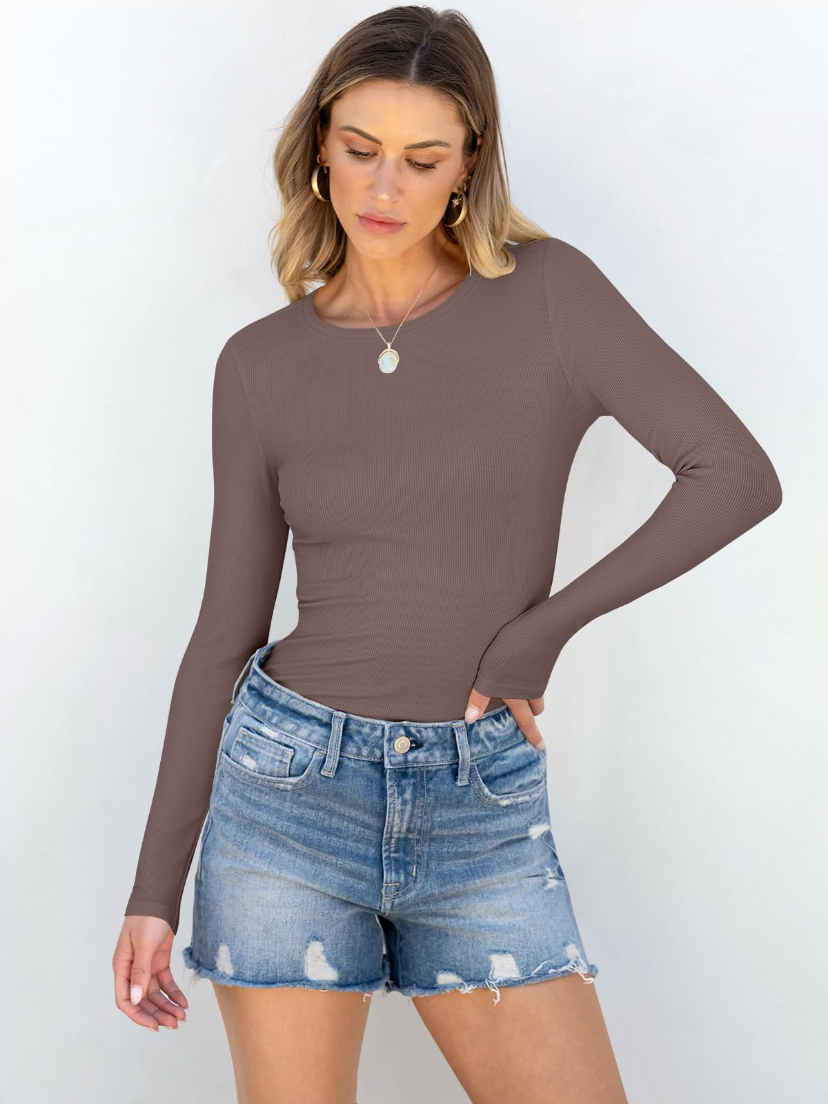 ANRABESS Women Long Sleeve Crewneck Rib Knit Slim Fit Shirts Basic Tee Tops 2024 Casual T-Shirt Going Out Workout Outfits