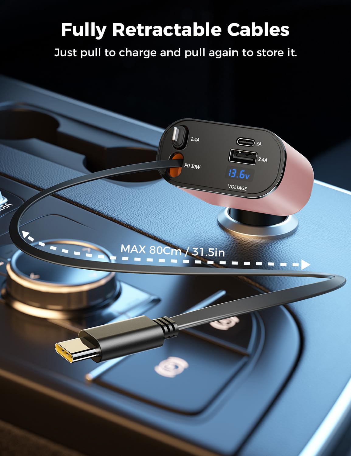 【Upgraded】 SUPERONE Retractable Car Charger 4 in 1, Fast Car Phone Charger with Cord 2.6ft, USB C and Apple Car Charger Adapter, Compatible with iPhone 15/15 Pro Max/14/13/12/11, Galaxy, Pixel