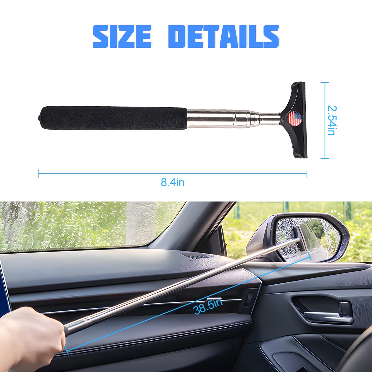 Car Rearview Mirror Wiper, Auto Mirror Squeegee Cleaner, Glass Mist Cleaning Tool with Retractable 98cm Handle