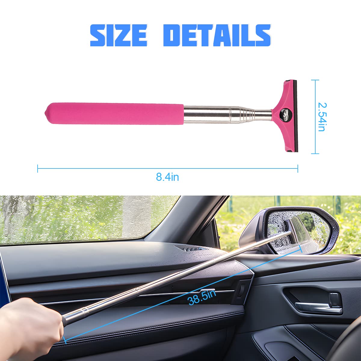 Car Rearview Mirror Wiper, Auto Mirror Squeegee Cleaner, Glass Mist Cleaning Tool with Retractable 98cm Handle