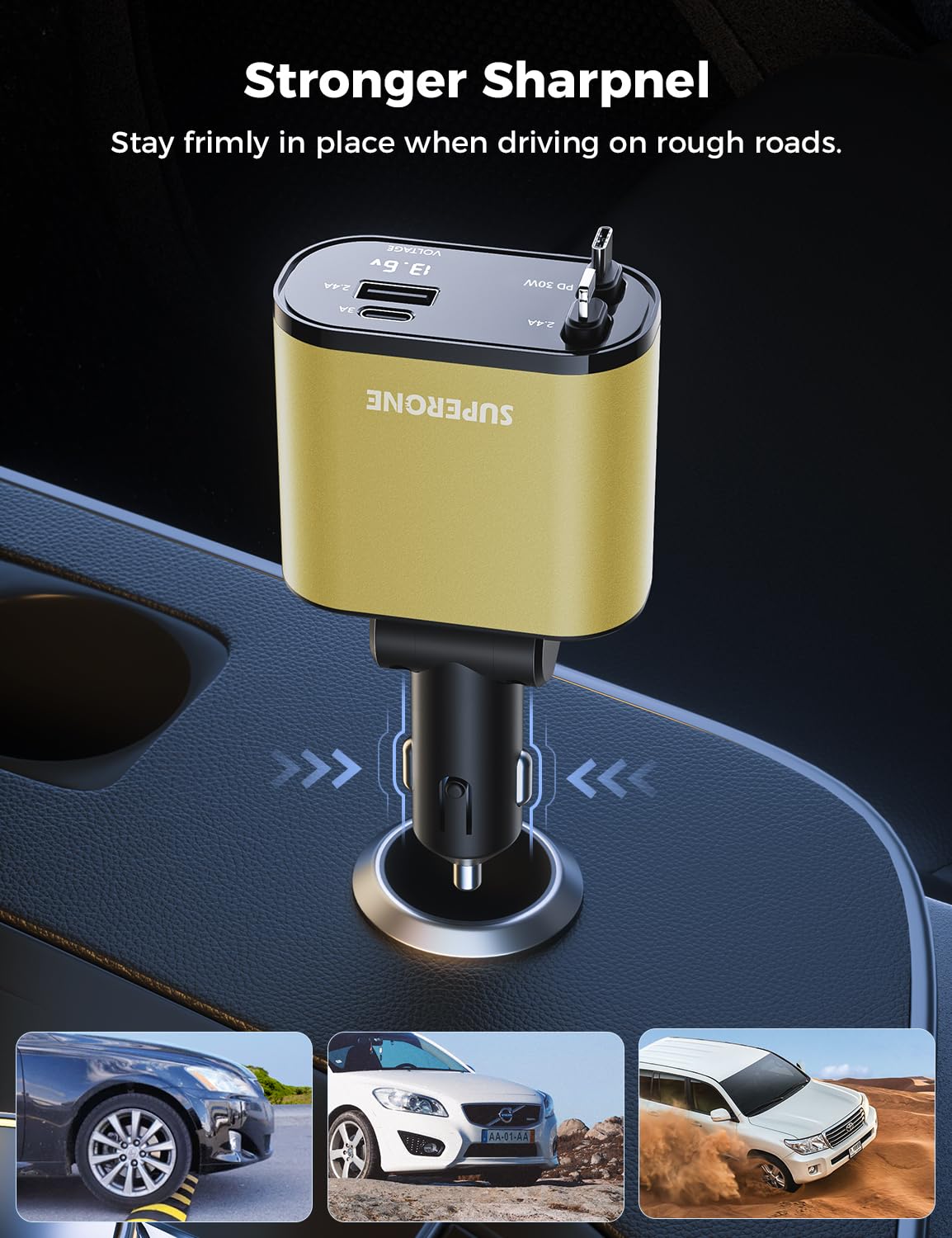 【Upgraded】 SUPERONE Retractable Car Charger 4 in 1, Fast Car Phone Charger with Cord 2.6ft, USB C and Apple Car Charger Adapter, Compatible with iPhone 15/15 Pro Max/14/13/12/11, Galaxy, Pixel