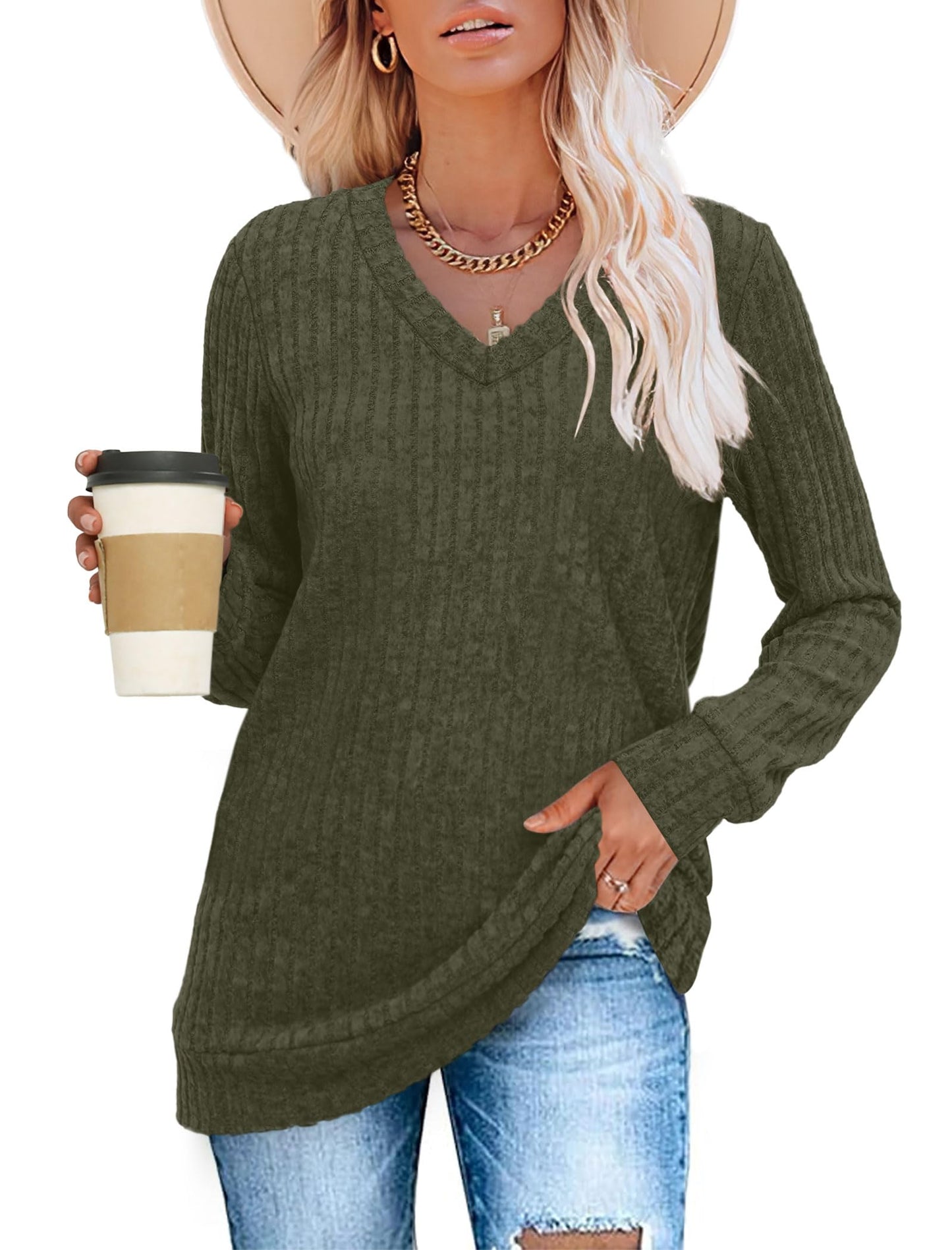 SAMPEEL V Neck Long Sleeve Shirts for Women Casual Fall Tops Lightweight Tunic Sweaters Fashion Clothes 2024