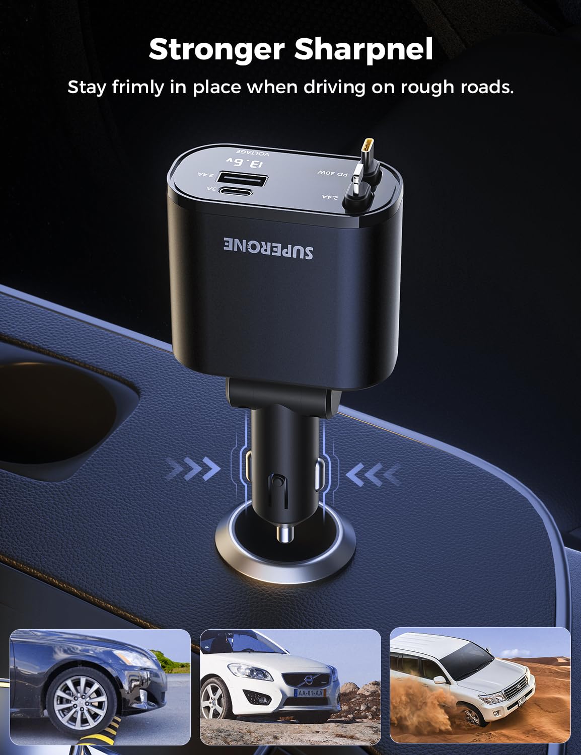 【Upgraded】 SUPERONE Retractable Car Charger 4 in 1, Fast Car Phone Charger with Cord 2.6ft, USB C and Apple Car Charger Adapter, Compatible with iPhone 15/15 Pro Max/14/13/12/11, Galaxy, Pixel