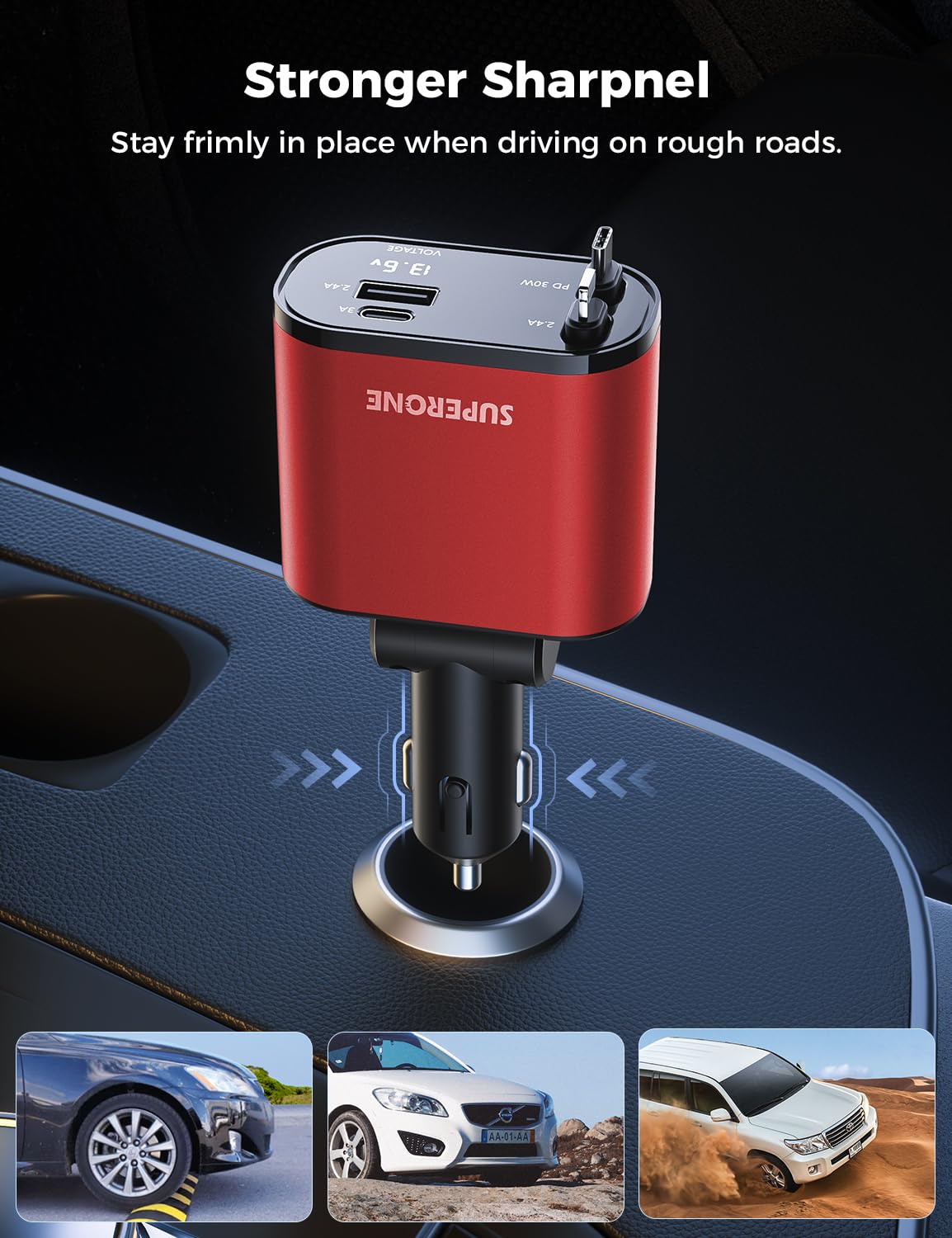 【Upgraded】 SUPERONE Retractable Car Charger 4 in 1, Fast Car Phone Charger with Cord 2.6ft, USB C and Apple Car Charger Adapter, Compatible with iPhone 15/15 Pro Max/14/13/12/11, Galaxy, Pixel