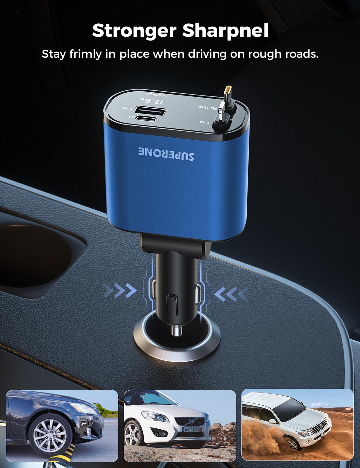 【Upgraded】 SUPERONE Retractable Car Charger 4 in 1, Fast Car Phone Charger with Cord 2.6ft, USB C and Apple Car Charger Adapter, Compatible with iPhone 15/15 Pro Max/14/13/12/11, Galaxy, Pixel