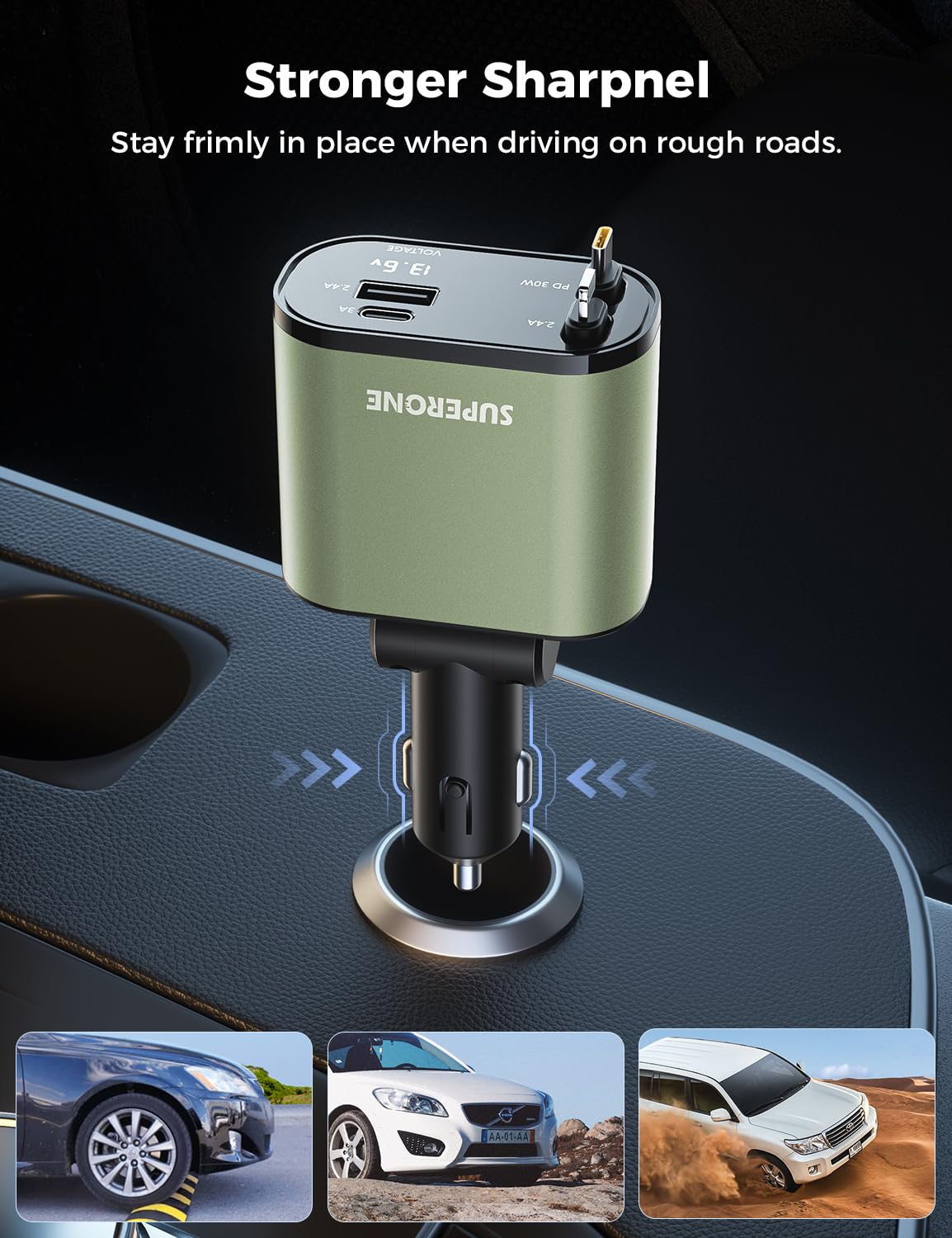 【Upgraded】 SUPERONE Retractable Car Charger 4 in 1, Fast Car Phone Charger with Cord 2.6ft, USB C and Apple Car Charger Adapter, Compatible with iPhone 15/15 Pro Max/14/13/12/11, Galaxy, Pixel