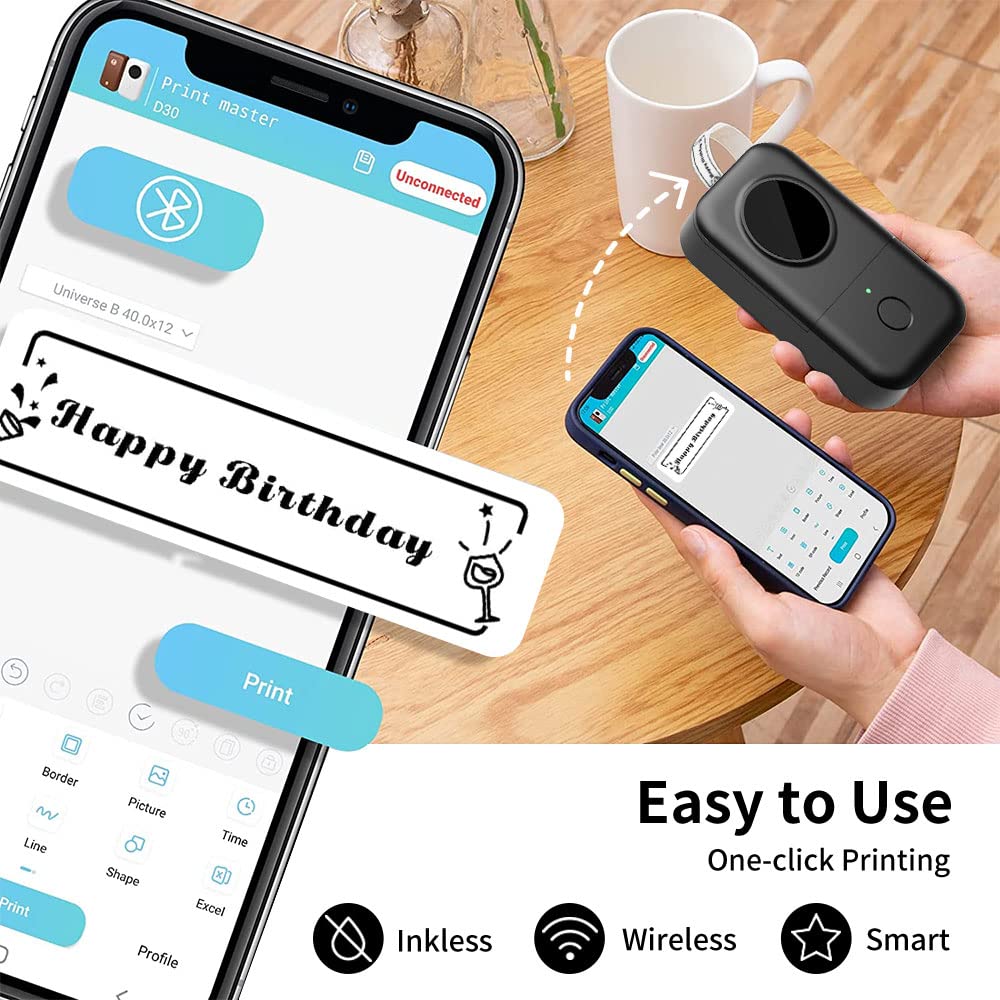 Phomemo D30 Label Maker Machine, Portable Bluetooth Mini Label Printer, Smart Phone Handheld Thermal Sticker Small Labeler Multiple Templates Font Icon Inkless for Home Office