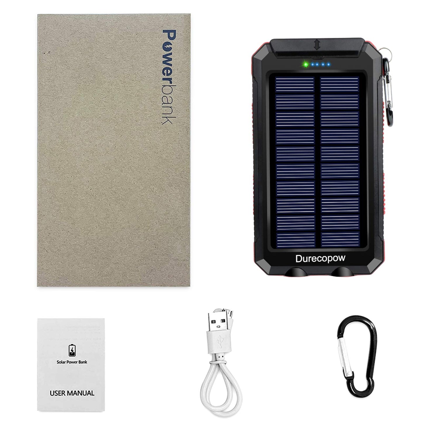 Solar Charger, 20000mAh Portable Outdoor Waterproof Solar Power Bank, Camping External Backup Battery Pack Dual 5V USB Ports Output, 2 Led Light Flashlight with Compass (Black)