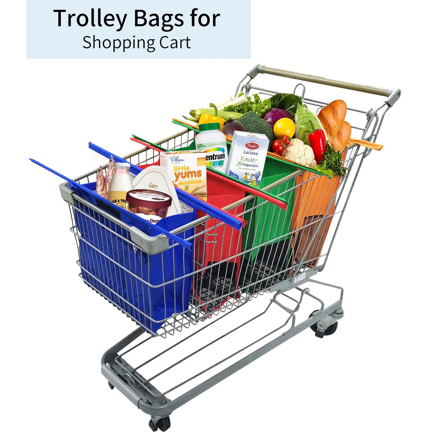 Trolley Bags for Shopping Cart-Set of 4 Shopping cart Bags for Groceries with Cooler Bag & Egg/Wine Holder.Eco-Friendly 4 Reusable Grocery Cart Bags