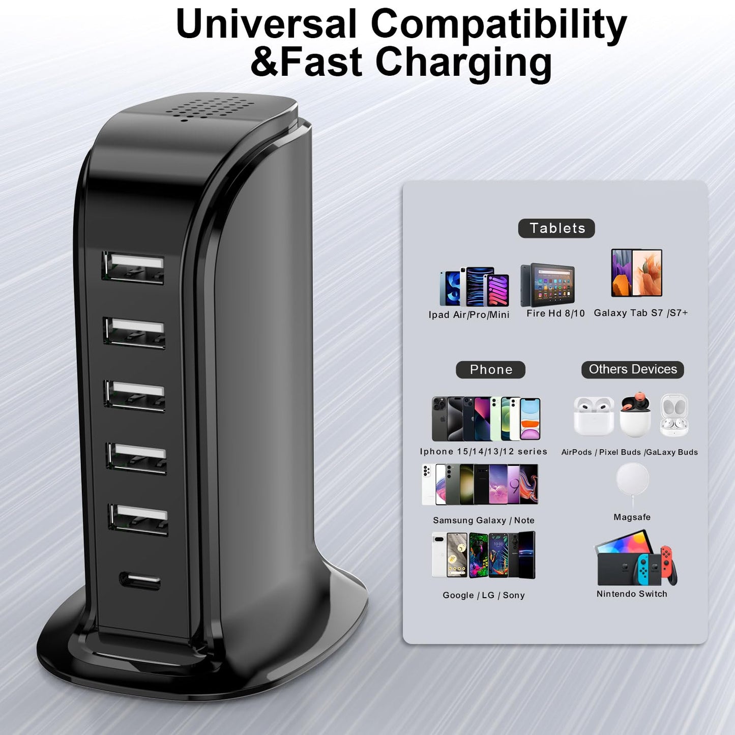 USB Charging Station Upoy, 6 Ports Charging Blocks, USB Power Hub with C Port, Charging Dock for Electronics Organizer, Multi Charger 40W, Compatible with Kindle, iPhone, Ipad, Airpods, Tech Gadgets