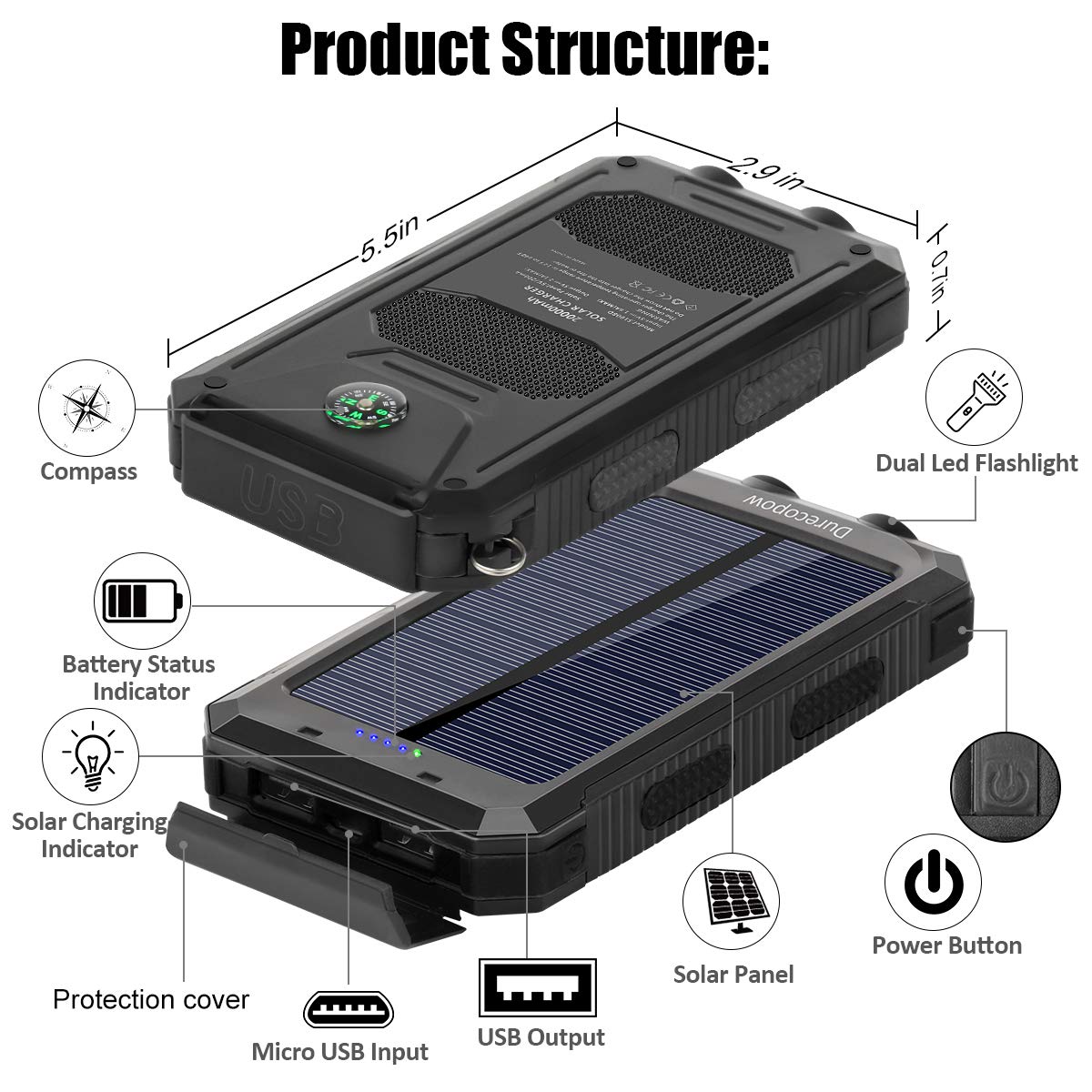 Solar Charger, 20000mAh Portable Outdoor Waterproof Solar Power Bank, Camping External Backup Battery Pack Dual 5V USB Ports Output, 2 Led Light Flashlight with Compass (Black)