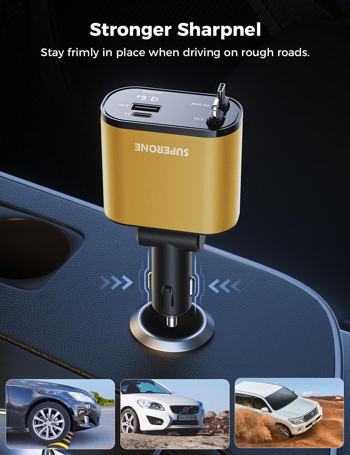 【Upgraded】 SUPERONE Retractable Car Charger 4 in 1, Fast Car Phone Charger with Cord 2.6ft, USB C and Apple Car Charger Adapter, Compatible with iPhone 15/15 Pro Max/14/13/12/11, Galaxy, Pixel