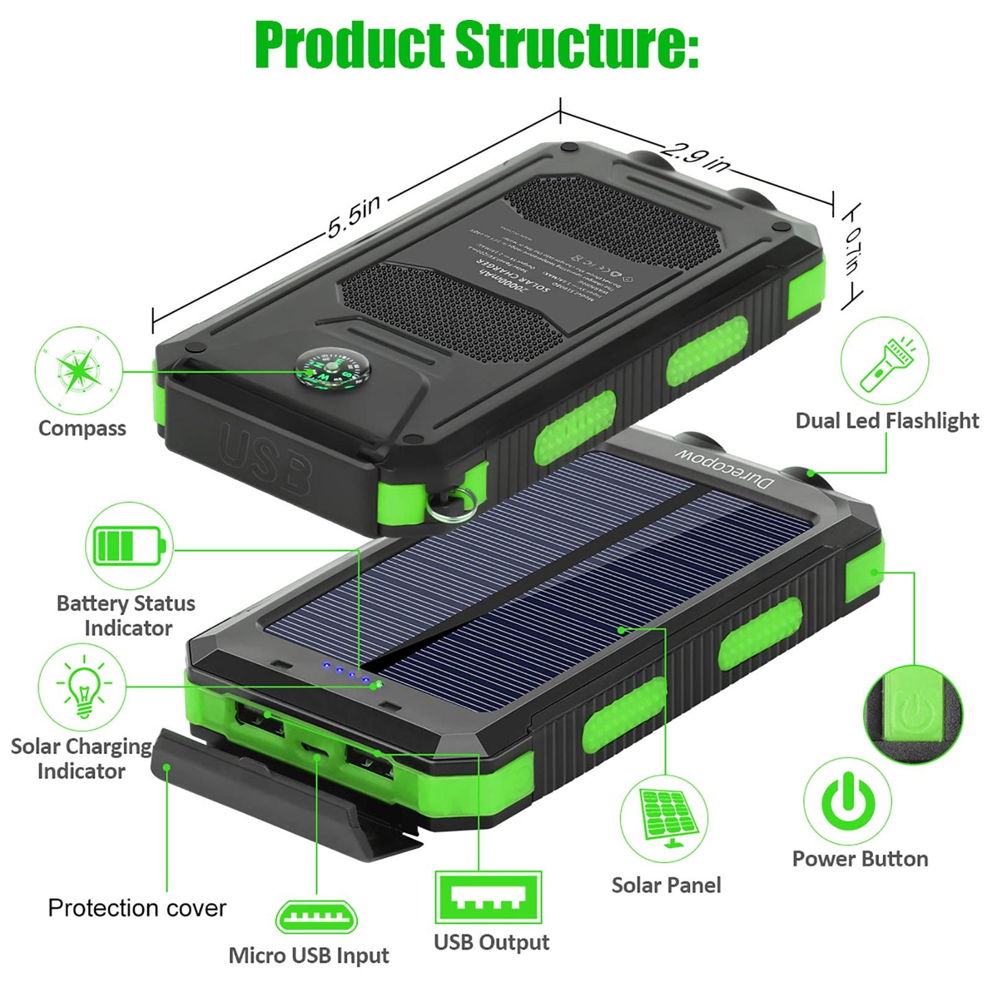 Solar Charger, 20000mAh Portable Outdoor Waterproof Solar Power Bank, Camping External Backup Battery Pack Dual 5V USB Ports Output, 2 Led Light Flashlight with Compass (Black)