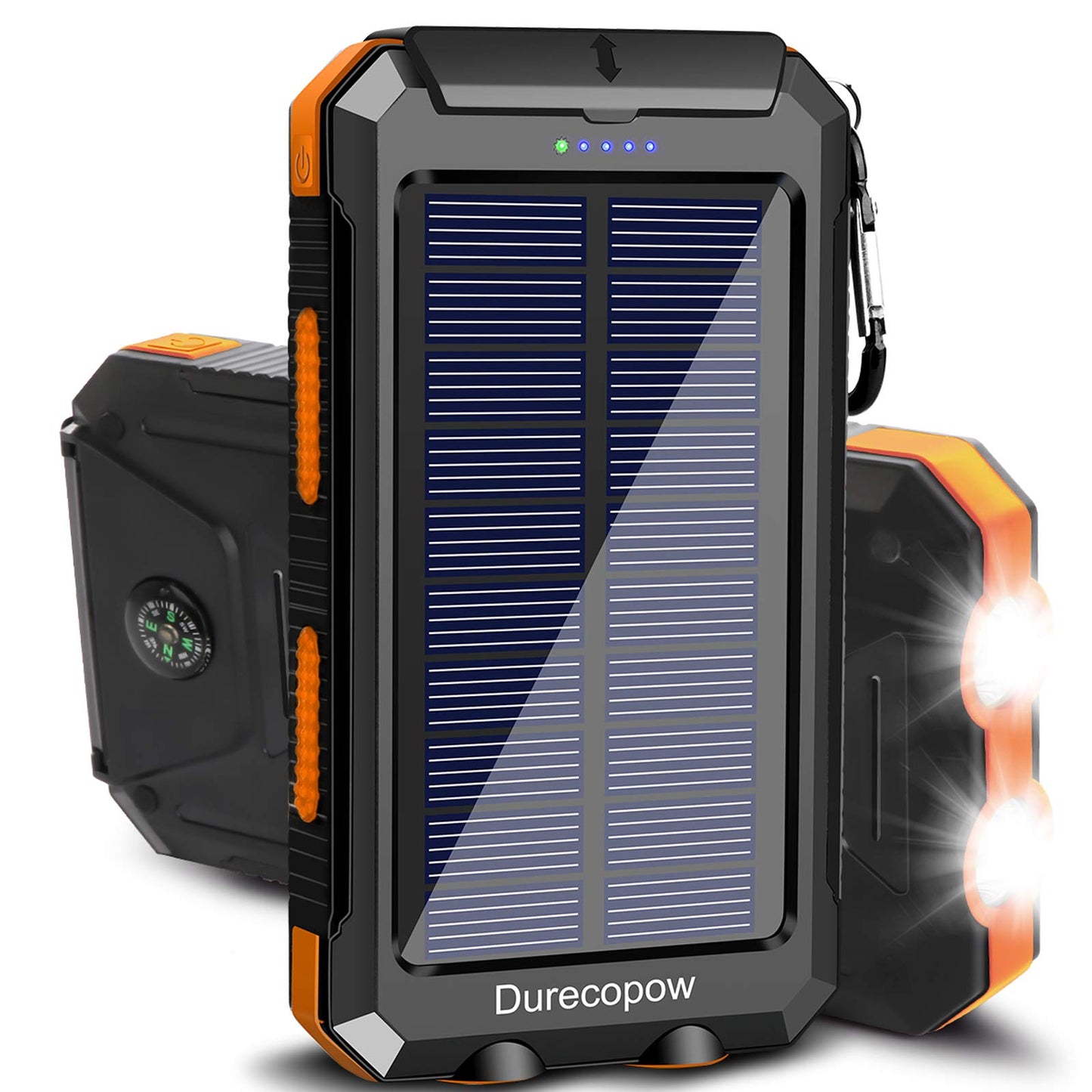 Solar Charger, 20000mAh Portable Outdoor Waterproof Solar Power Bank, Camping External Backup Battery Pack Dual 5V USB Ports Output, 2 Led Light Flashlight with Compass (Black)