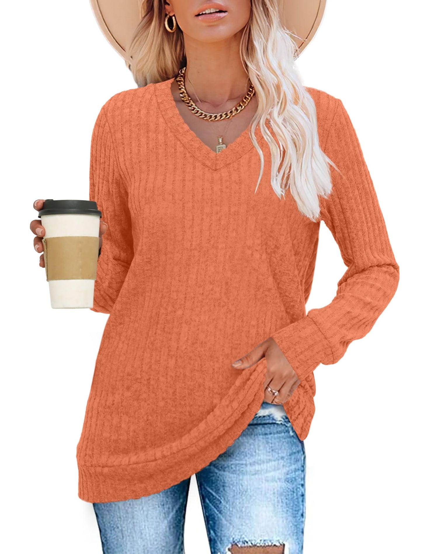 SAMPEEL V Neck Long Sleeve Shirts for Women Casual Fall Tops Lightweight Tunic Sweaters Fashion Clothes 2024