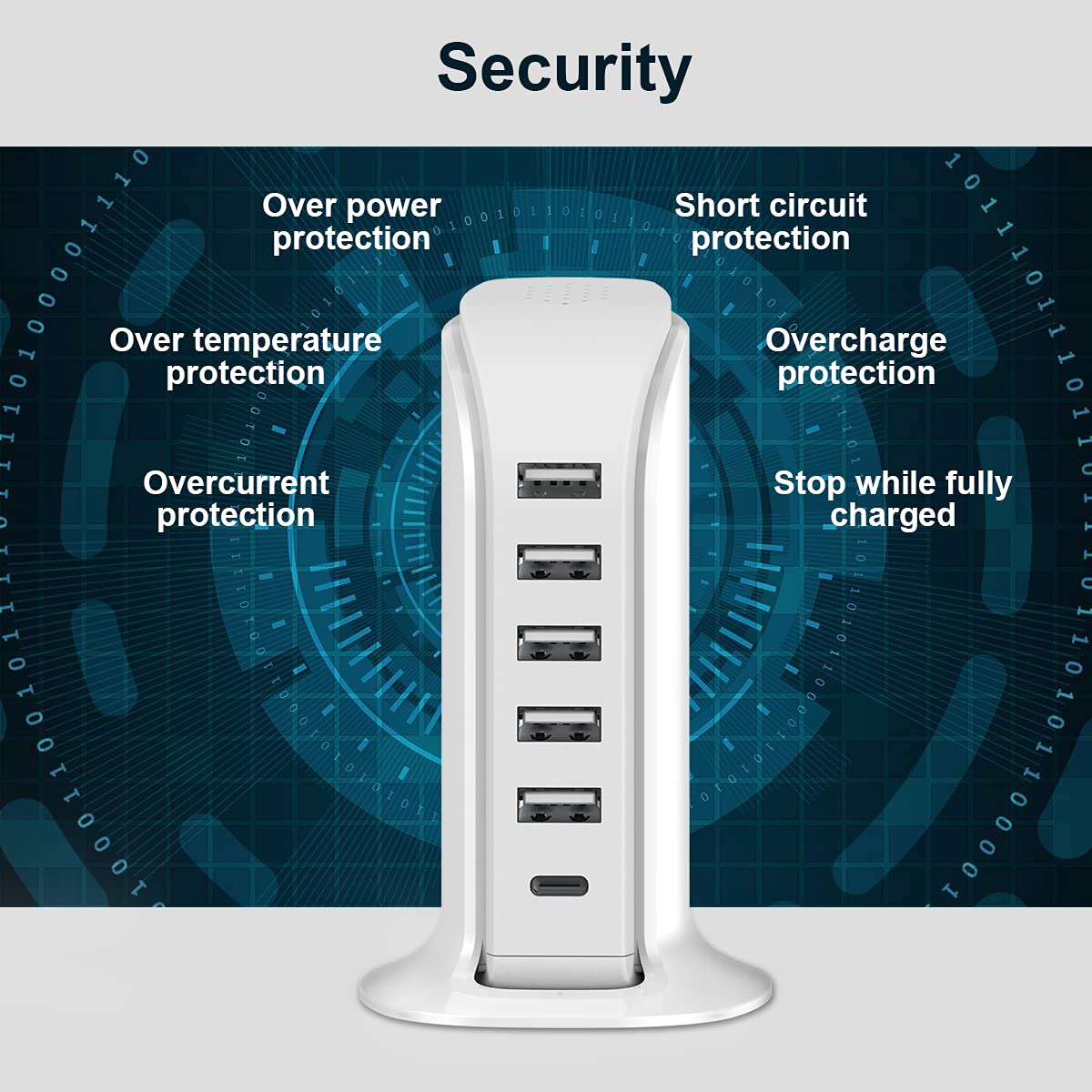 USB Charging Station Upoy, 6 Ports Charging Blocks, USB Power Hub with C Port, Charging Dock for Electronics Organizer, Multi Charger 40W, Compatible with Kindle, iPhone, Ipad, Airpods, Tech Gadgets