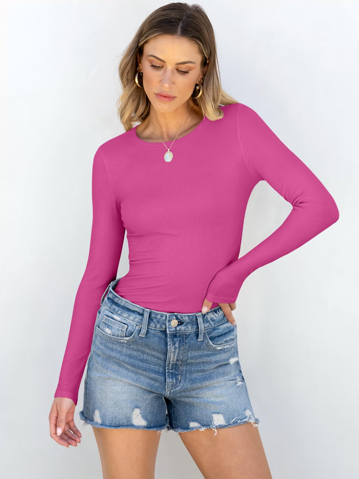 ANRABESS Women Long Sleeve Crewneck Rib Knit Slim Fit Shirts Basic Tee Tops 2024 Casual T-Shirt Going Out Workout Outfits