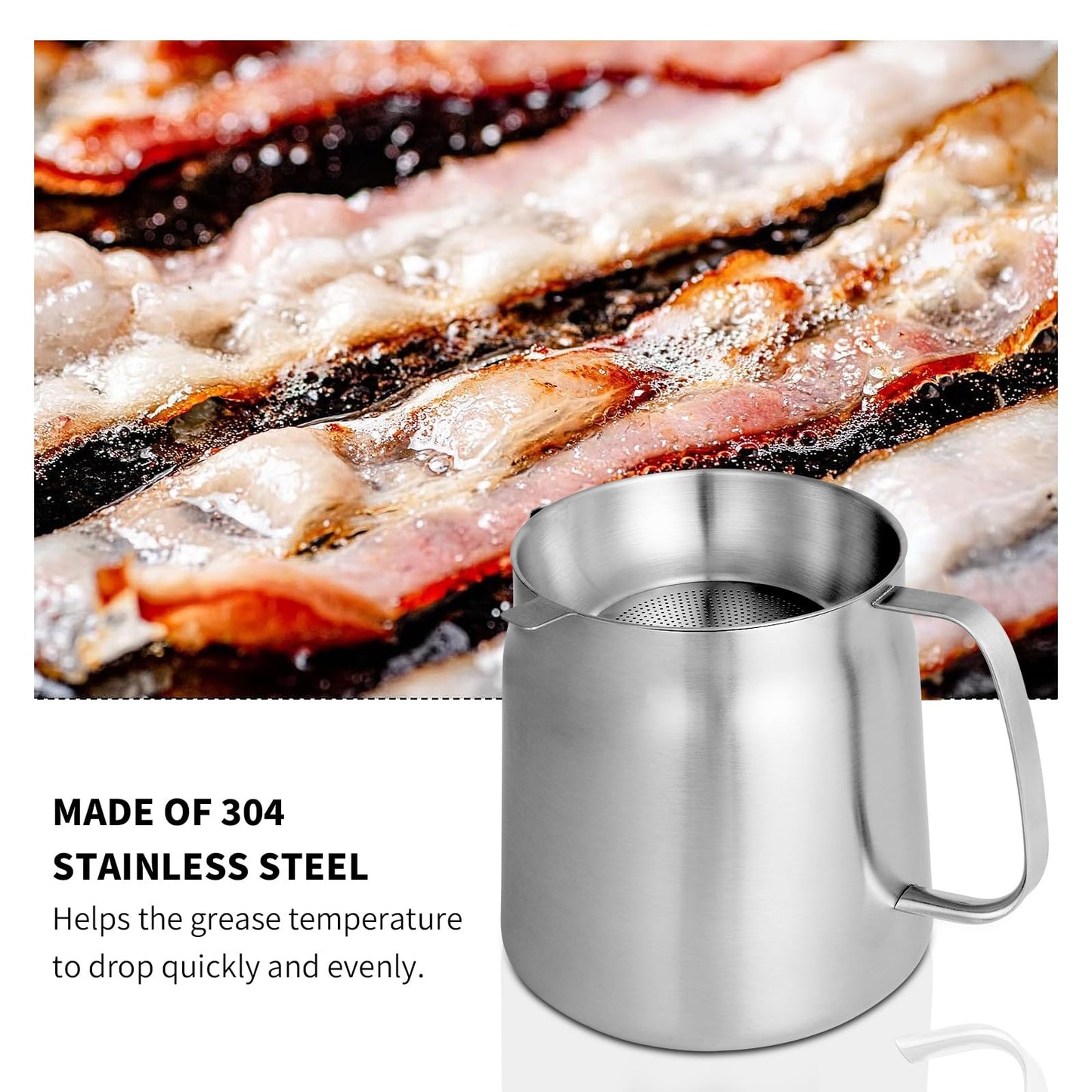 68oz 304 Stainless Steel Oil Filter Pot Large Capacity Versatile Oil Filter Vessel Heavy Duty Stainless Steel Bacon Grease Container Multi-function Frying net Tank for Kitchen Camping (68oz/2L)