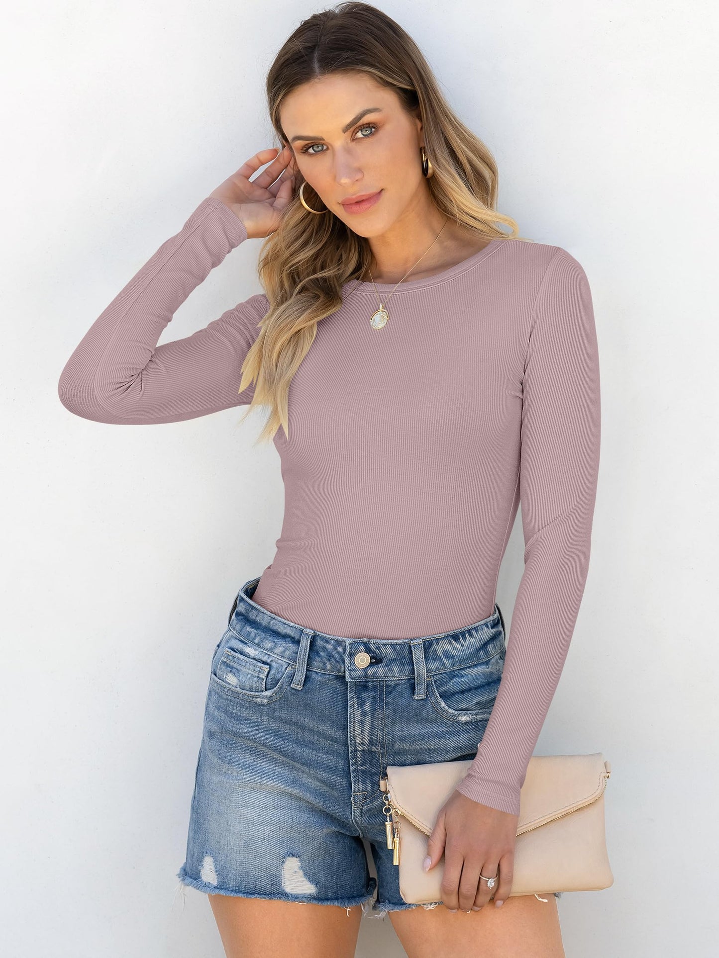 ANRABESS Women Long Sleeve Crewneck Rib Knit Slim Fit Shirts Basic Tee Tops 2024 Casual T-Shirt Going Out Workout Outfits