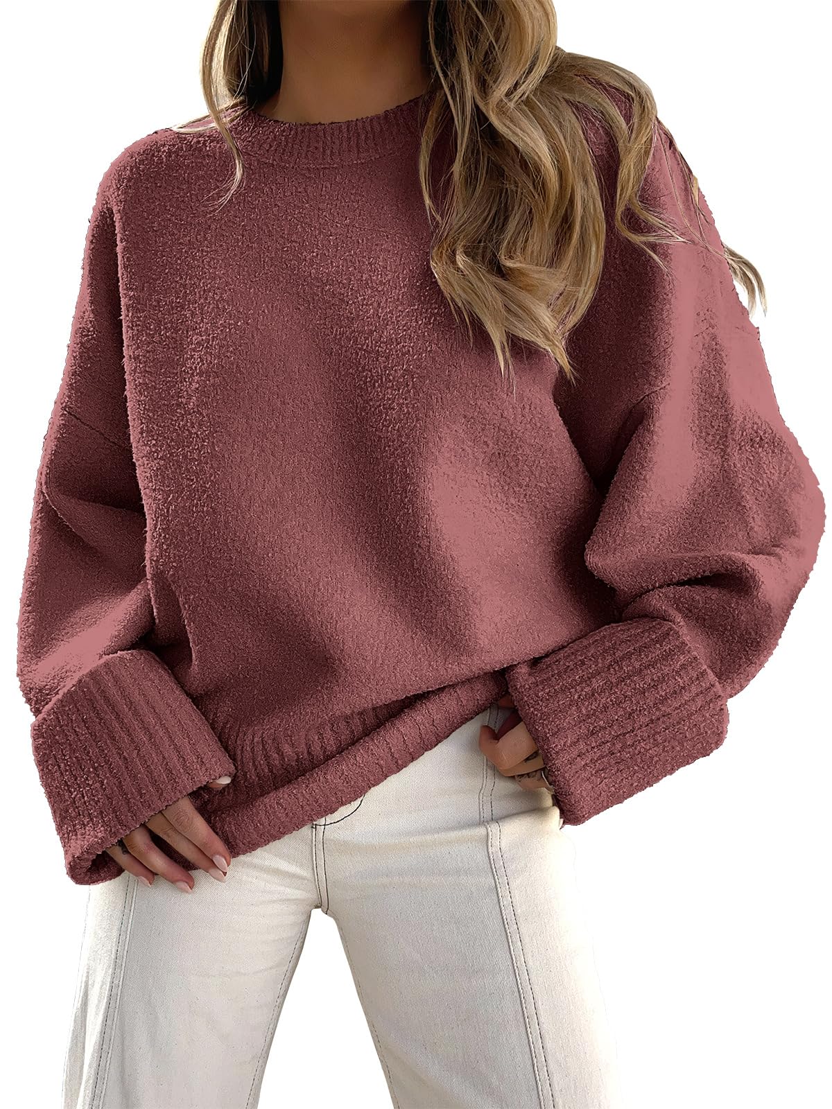 ANRABESS Women's Oversized Crewneck Long Sleeve Fuzzy Knit Casual Chunky Warm 2024 Fall Pullover Sweaters Top Trendy Outfits